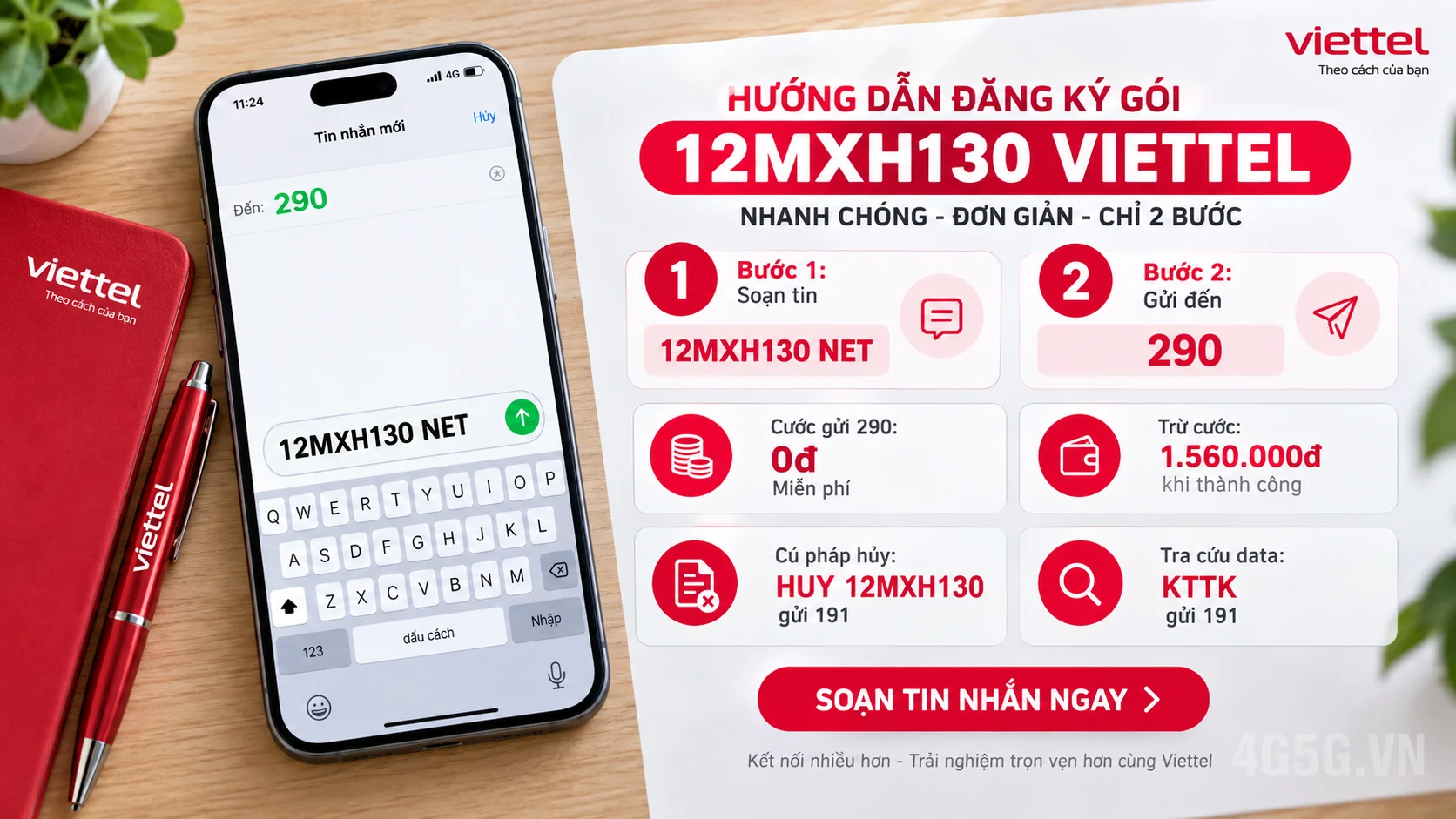 Cách đăng ký gói cước 12MXH130 Viettel soạn tin nhắn 12MXH130 NET gửi 290