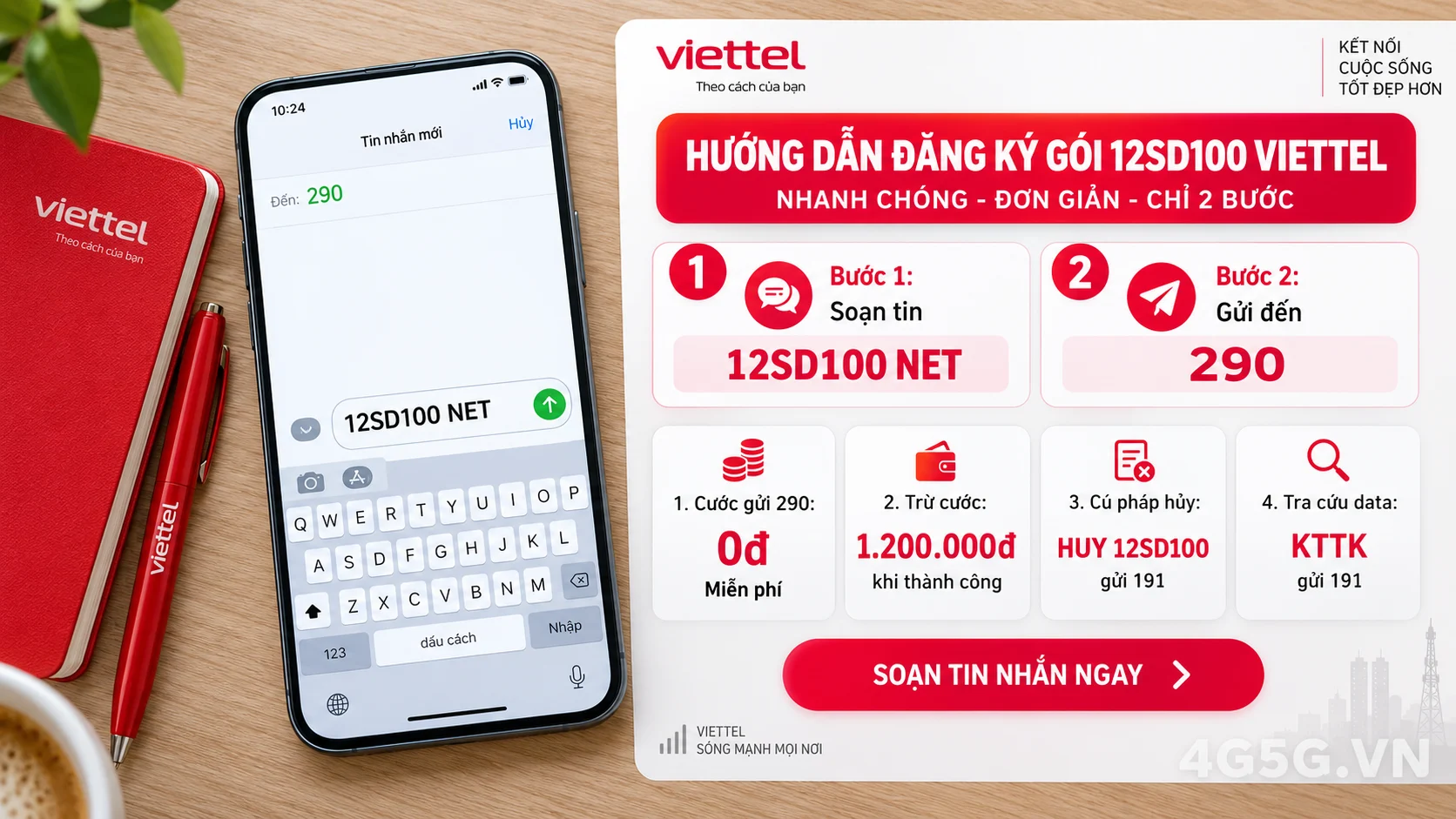Cách đăng ký gói cước 12SD100 Viettel soạn tin nhắn 12SD100 NET gửi 290