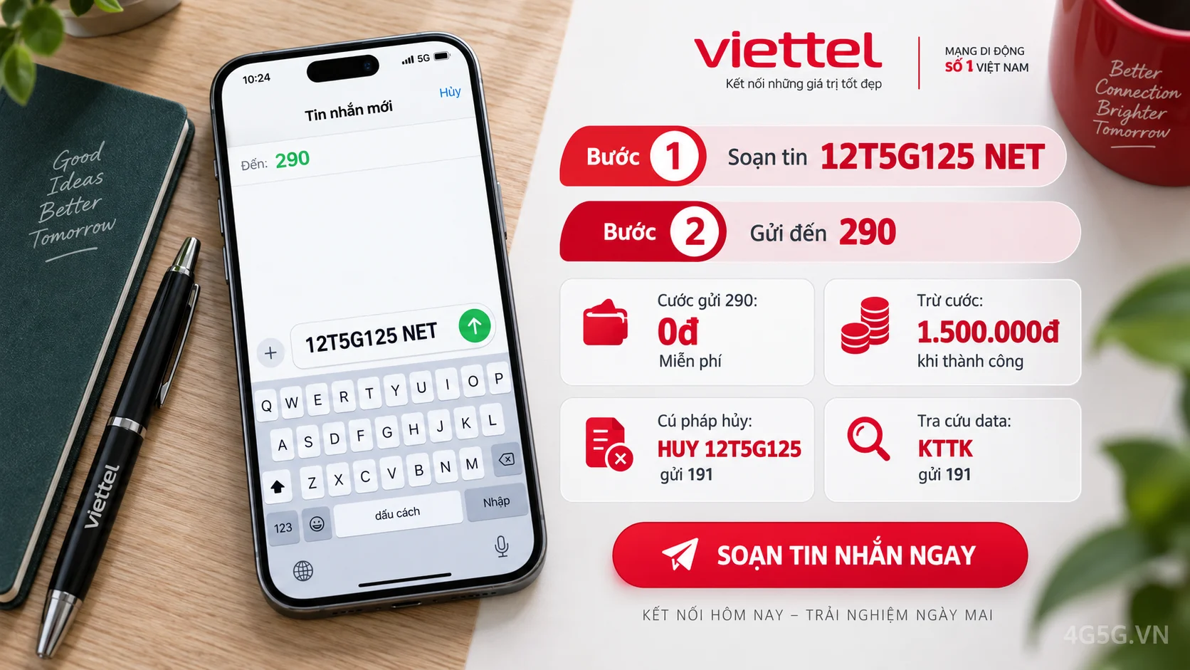 Cách đăng ký gói cước 12T5G125 Viettel soạn tin nhắn 12T5G125 NET gửi 290