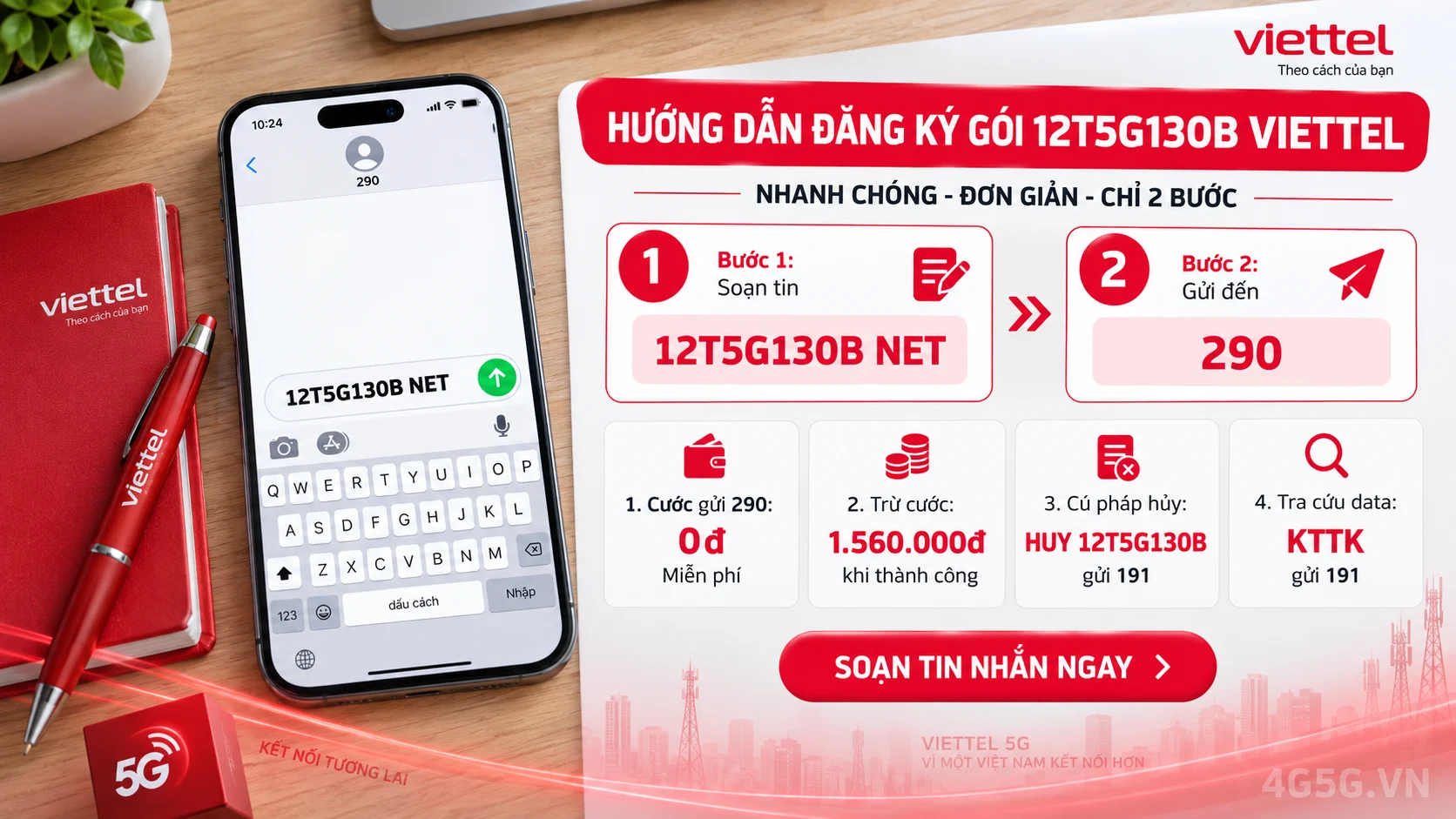 Cách đăng ký gói cước 12T5G130B Viettel soạn tin nhắn 12T5G130B NET gửi 290