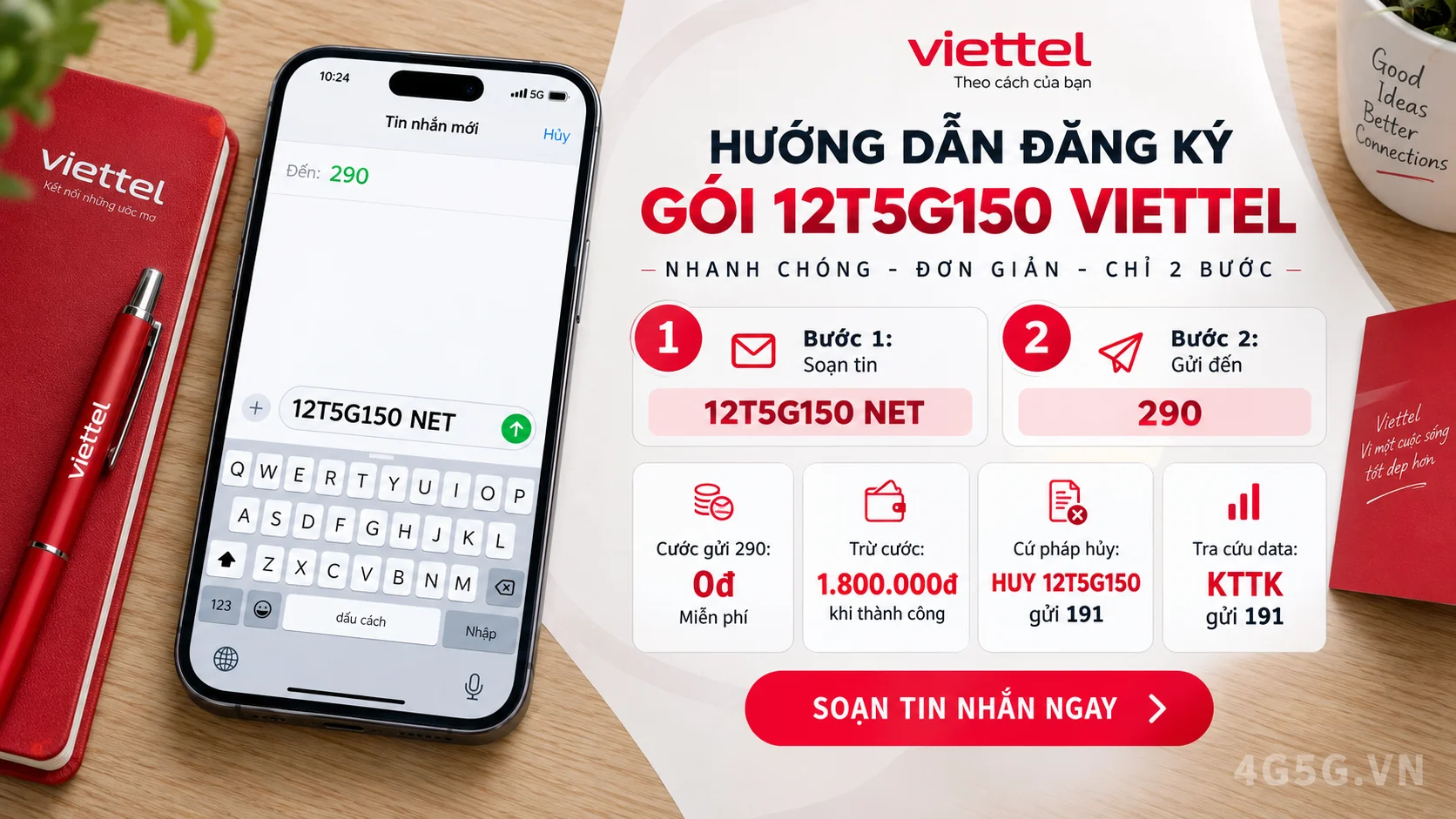 Cách đăng ký gói cước 12T5G150 Viettel soạn tin nhắn 12T5G150 NET gửi 290