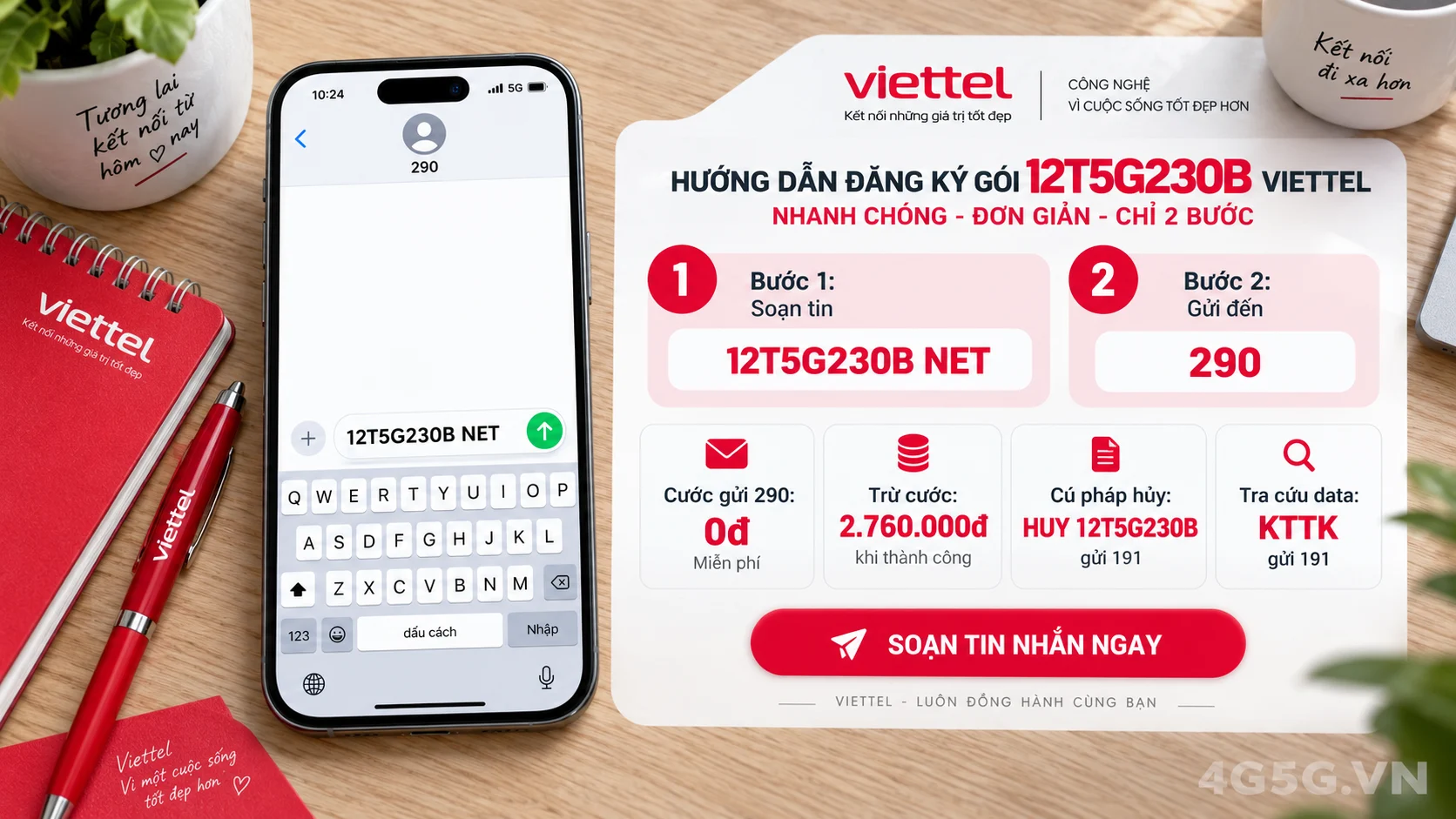 Cách đăng ký gói cước 12T5G230B Viettel soạn tin nhắn 12T5G230B NET gửi 290