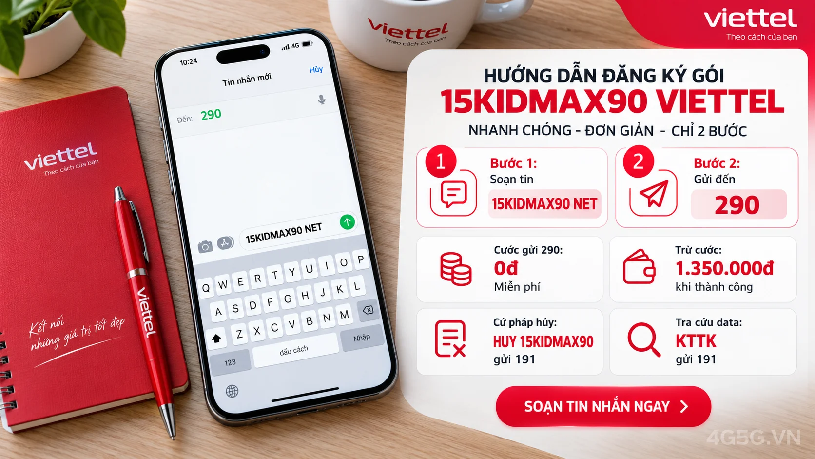 Cách đăng ký gói cước 15KIDMAX90 Viettel soạn tin nhắn 15KIDMAX90 NET gửi 290