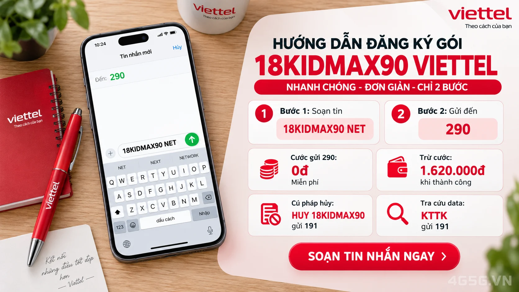 Cách đăng ký gói cước 18KIDMAX90 Viettel soạn tin nhắn 18KIDMAX90 NET gửi 290