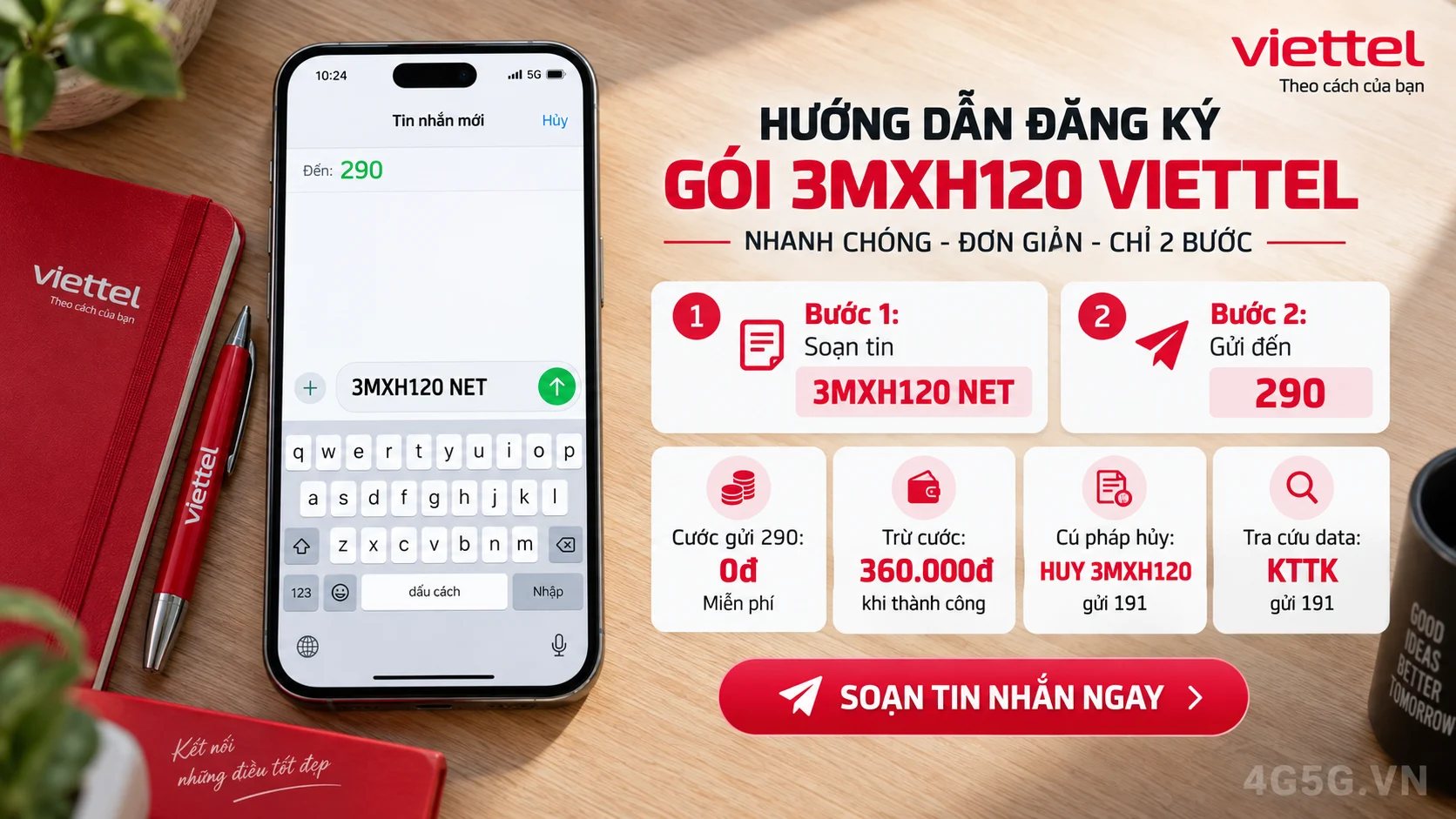 Cách đăng ký gói cước 3MXH120 Viettel soạn tin nhắn 3MXH120 NET gửi 290