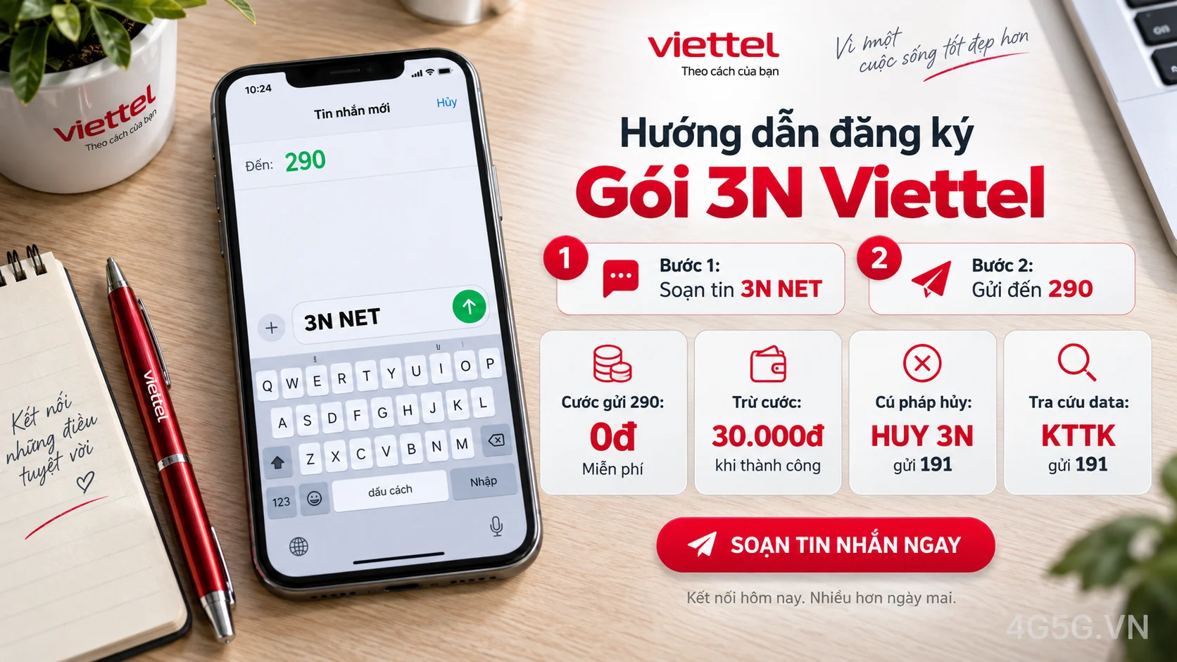 Cách đăng ký gói cước 3N Viettel soạn tin nhắn 3N NET gửi 290