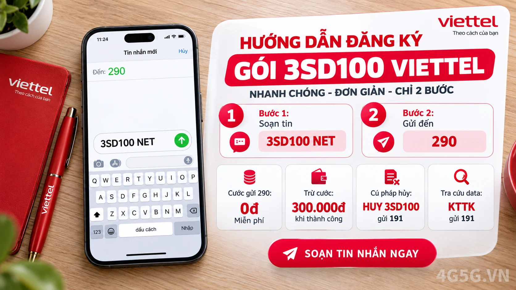 Cách đăng ký gói cước 3SD100 Viettel soạn tin nhắn 3SD100 NET gửi 290