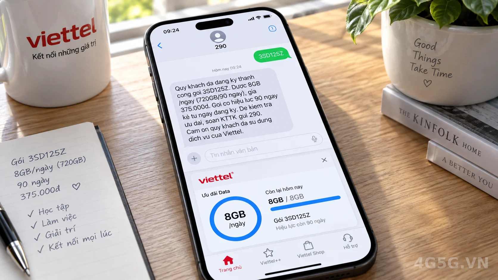 Tin nhắn kích hoạt thành công gói cước 3SD125Z Viettel gửi tổng đài 290