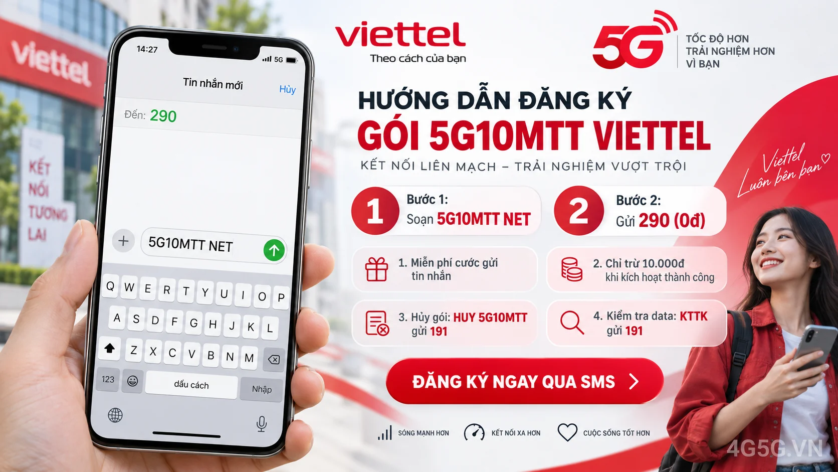 Cách đăng ký gói cước 5G10MTT Viettel soạn tin nhắn 5G10MTT NET gửi 290