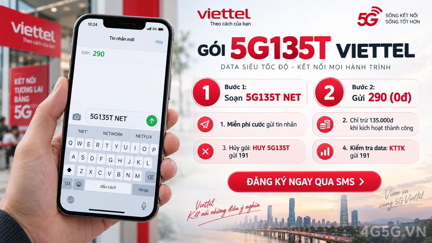 Cách đăng ký gói cước 5G135T Viettel soạn tin nhắn 5G135T NET gửi 290
