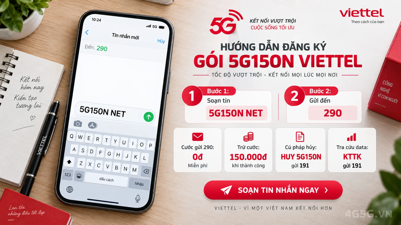 Cách đăng ký gói cước 5G150N Viettel soạn tin nhắn 5G150N NET gửi 290