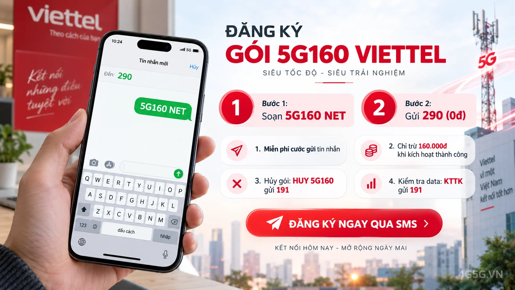 Cách đăng ký gói cước 5G160 Viettel soạn tin nhắn 5G160 NET gửi 290