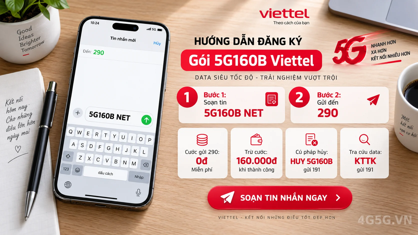 Cách đăng ký gói cước 5G160B Viettel soạn tin nhắn 5G160B NET gửi 290