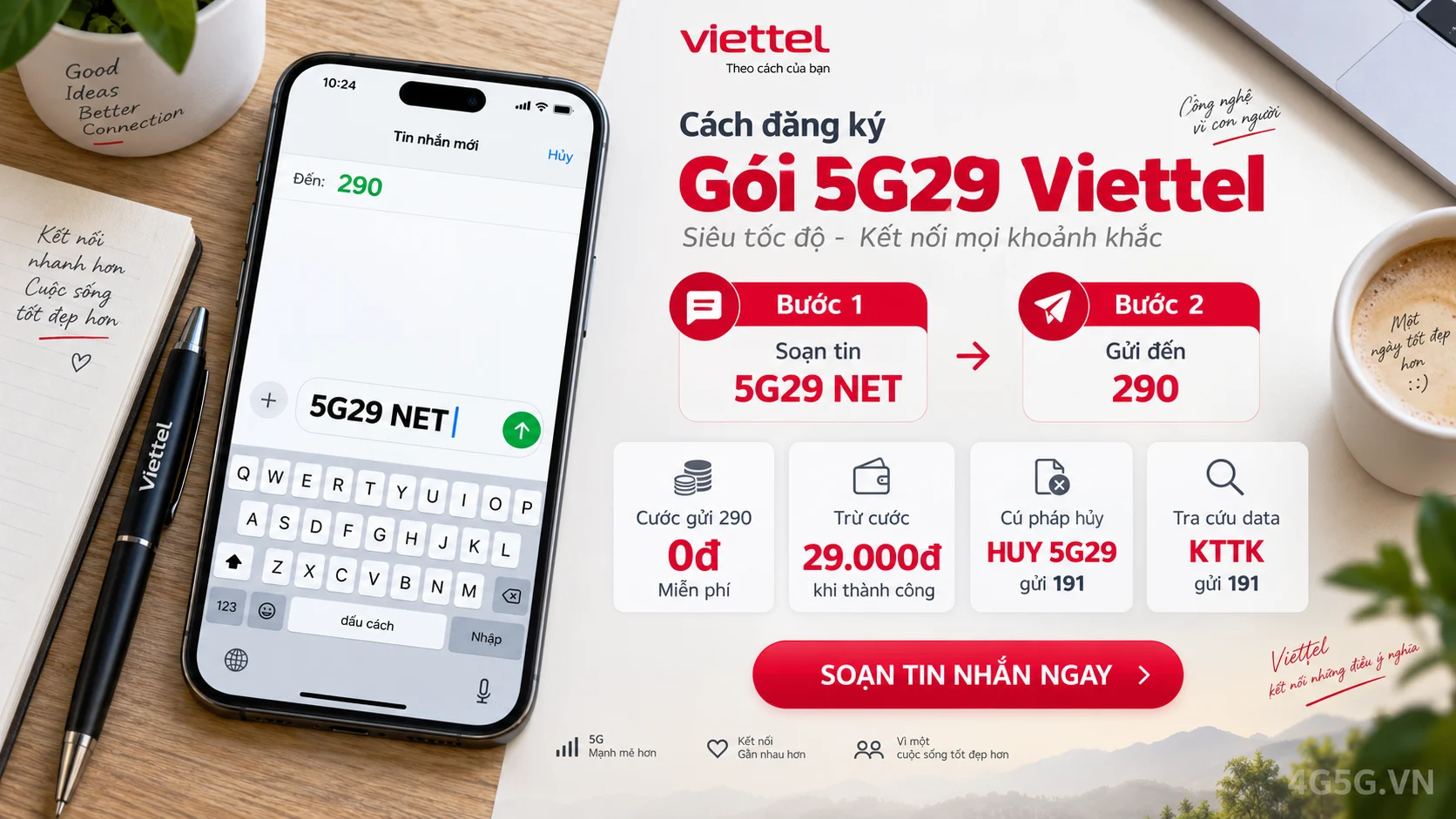 Cách đăng ký gói cước 5G29 Viettel soạn tin nhắn 5G29 NET gửi 290
