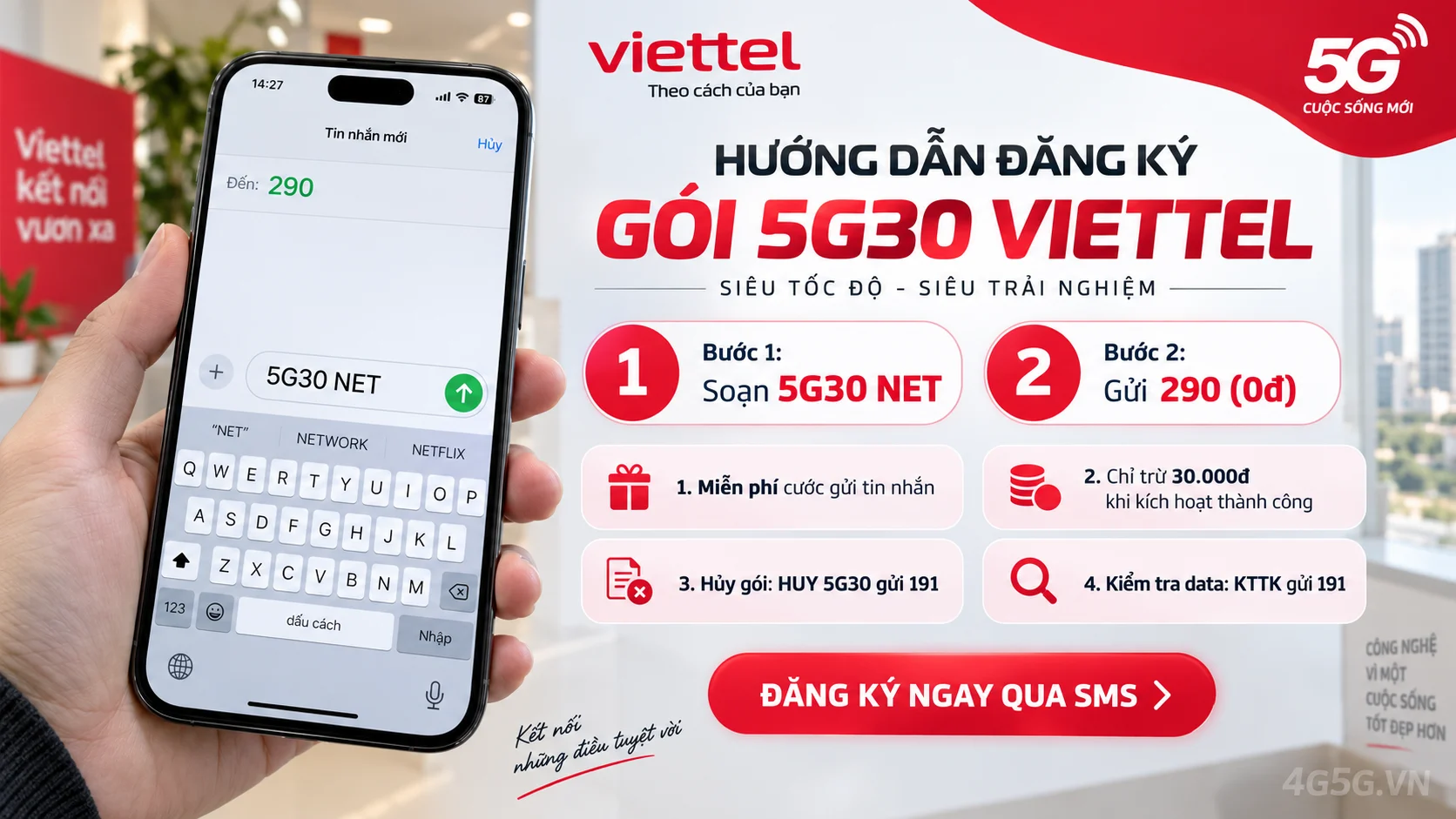 Cách đăng ký gói cước 5G30 Viettel soạn tin nhắn 5G30 NET gửi 290