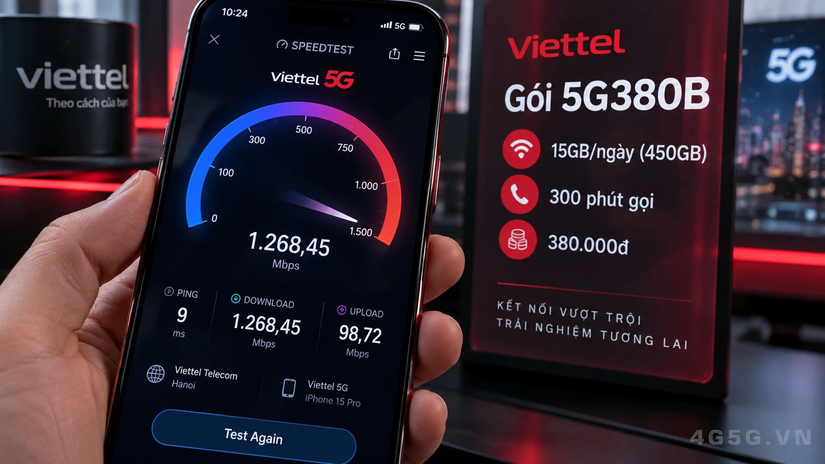 Kết quả đo kiểm tốc độ mạng 5G vượt trội của gói cước 5G380B Viettel