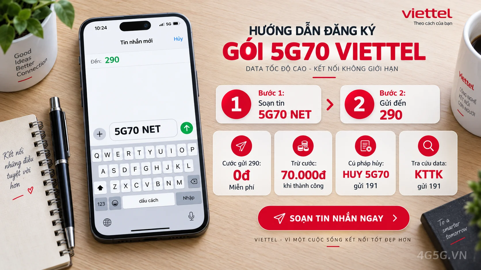 Cách đăng ký gói cước 5G70 Viettel soạn tin nhắn 5G70 NET gửi 290