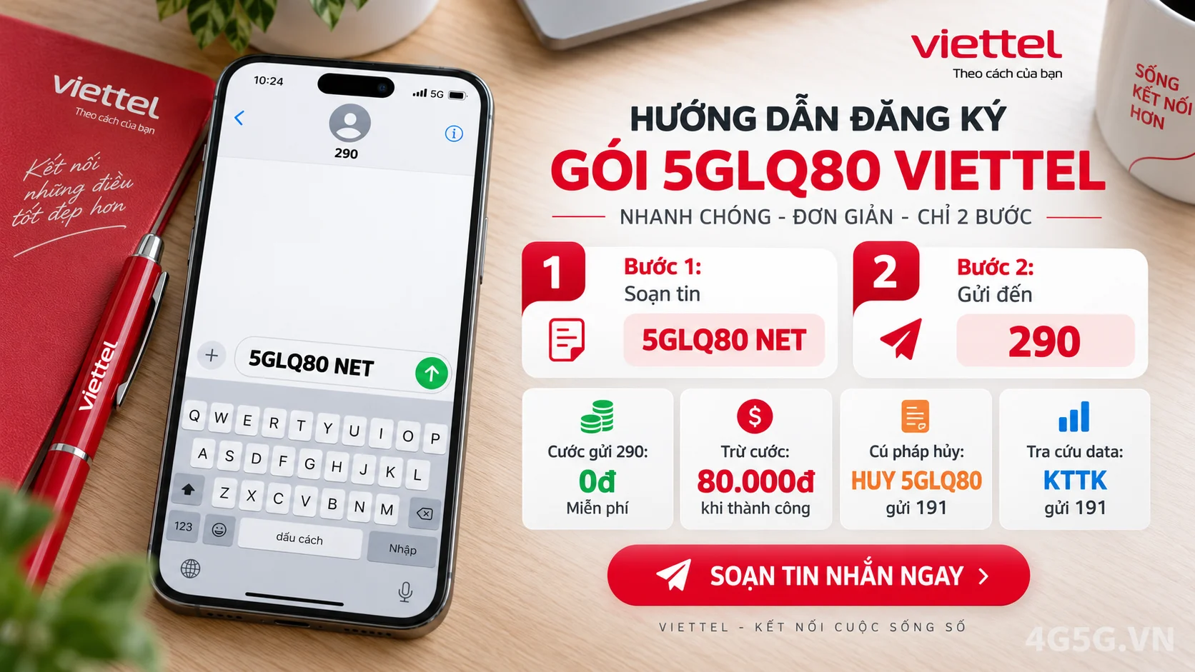 Cách đăng ký gói cước 5GLQ80 Viettel soạn tin nhắn 5GLQ80 NET gửi 290