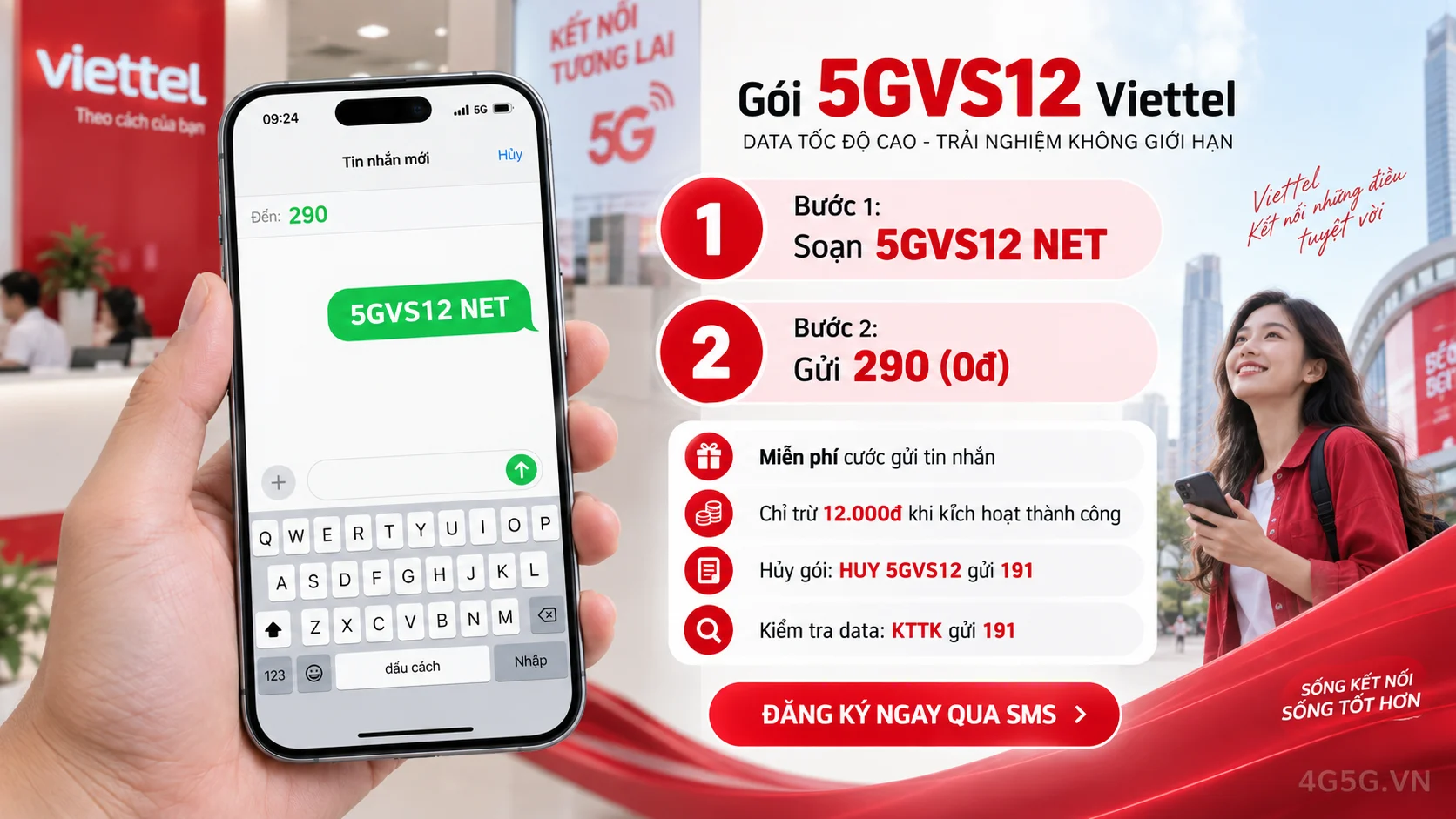 Cách đăng ký gói cước 5GVS12 Viettel soạn tin nhắn 5GVS12 NET gửi 290