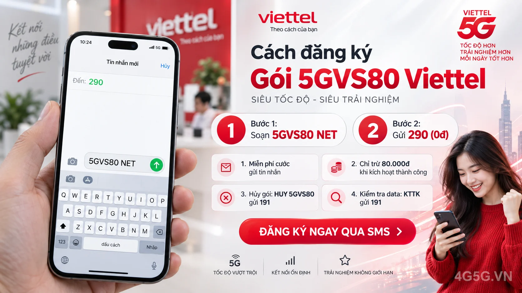 Cách đăng ký gói cước 5GVS80 Viettel soạn tin nhắn 5GVS80 NET gửi 290