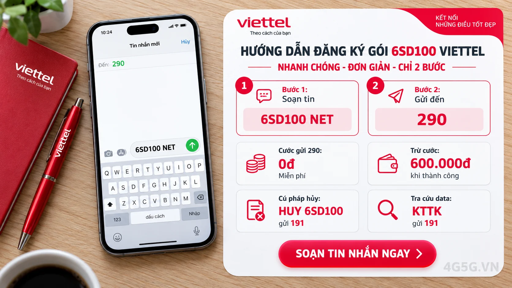 Cách đăng ký gói cước 6SD100 Viettel soạn tin nhắn 6SD100 NET gửi 290