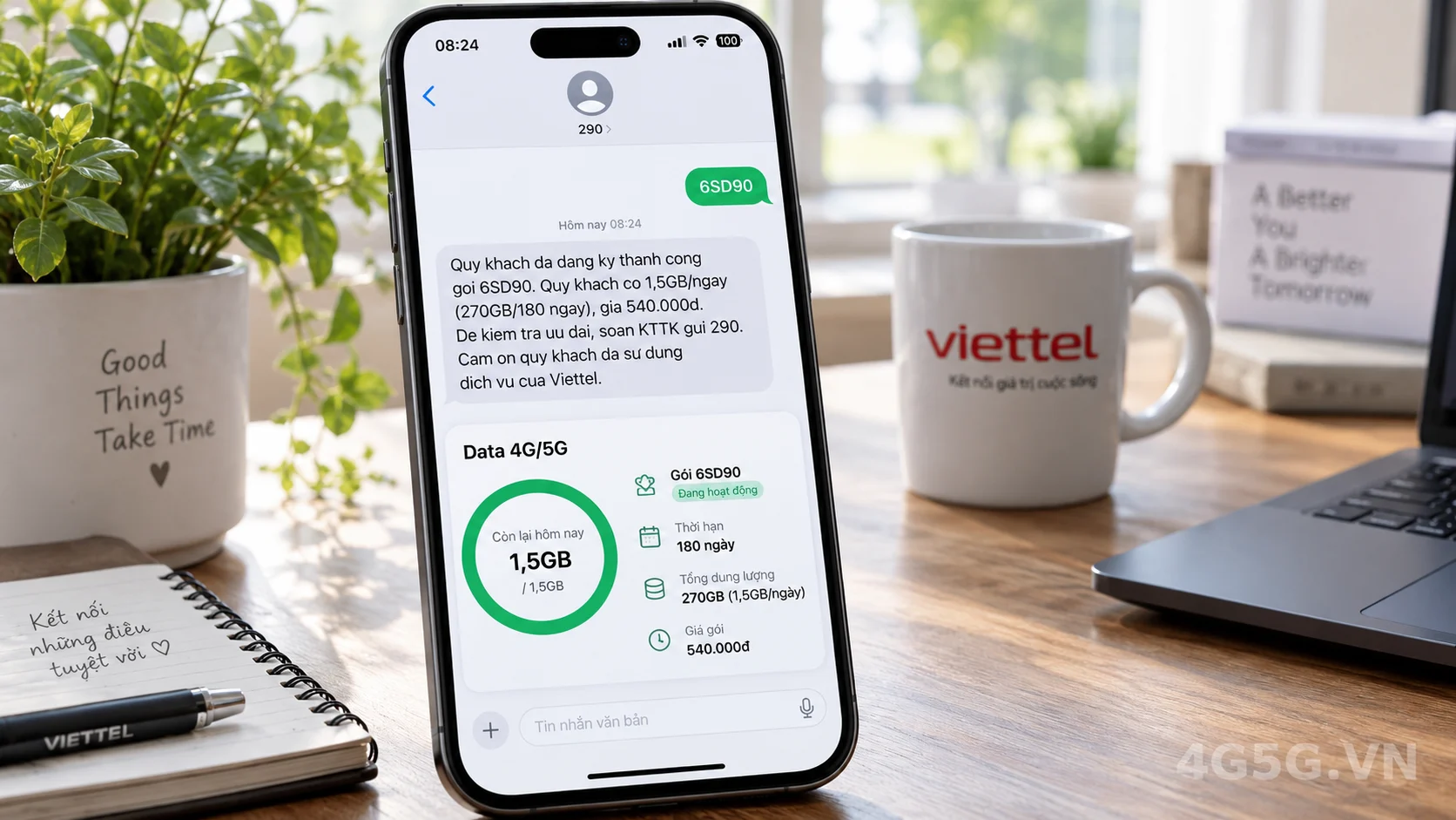 Tin nhắn kích hoạt thành công gói cước 6SD90 Viettel gửi tổng đài 290