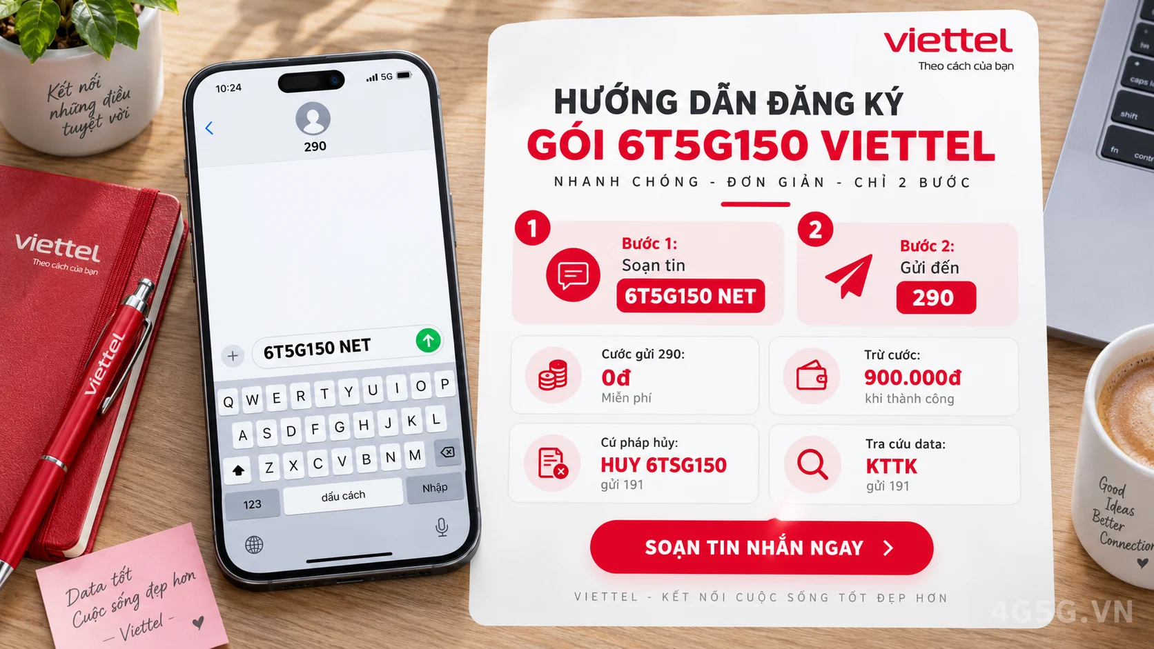 Cách đăng ký gói cước 6T5G150 Viettel soạn tin nhắn 6T5G150 NET gửi 290