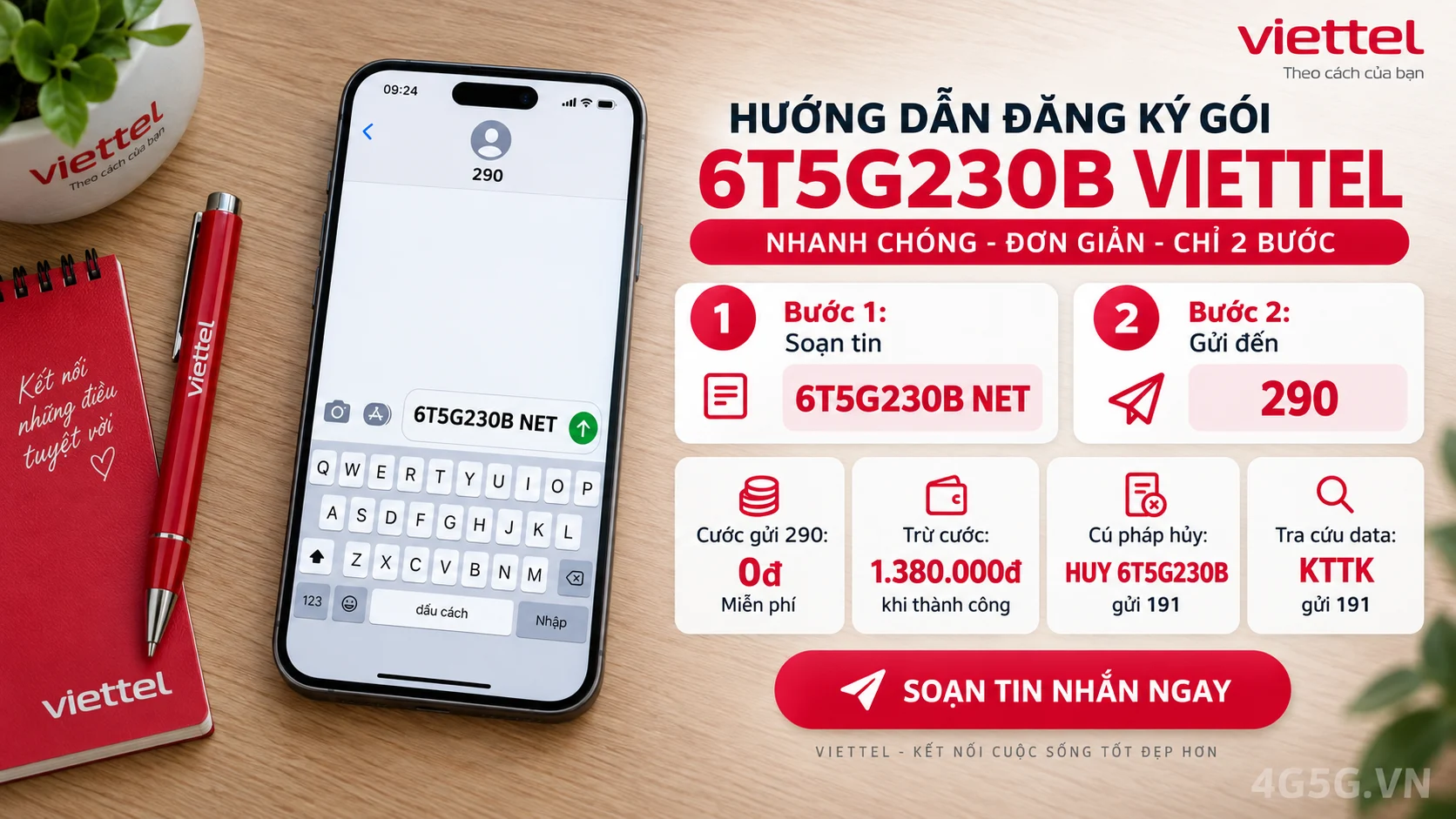 Cách đăng ký gói cước 6T5G230B Viettel soạn tin nhắn 6T5G230B NET gửi 290