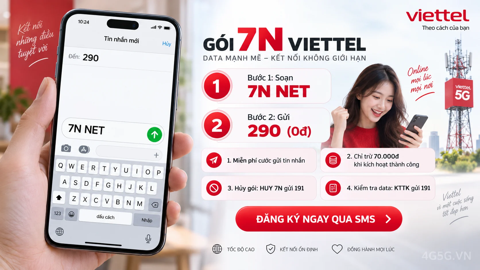 Cách đăng ký gói cước 7N Viettel soạn tin nhắn 7N NET gửi 290