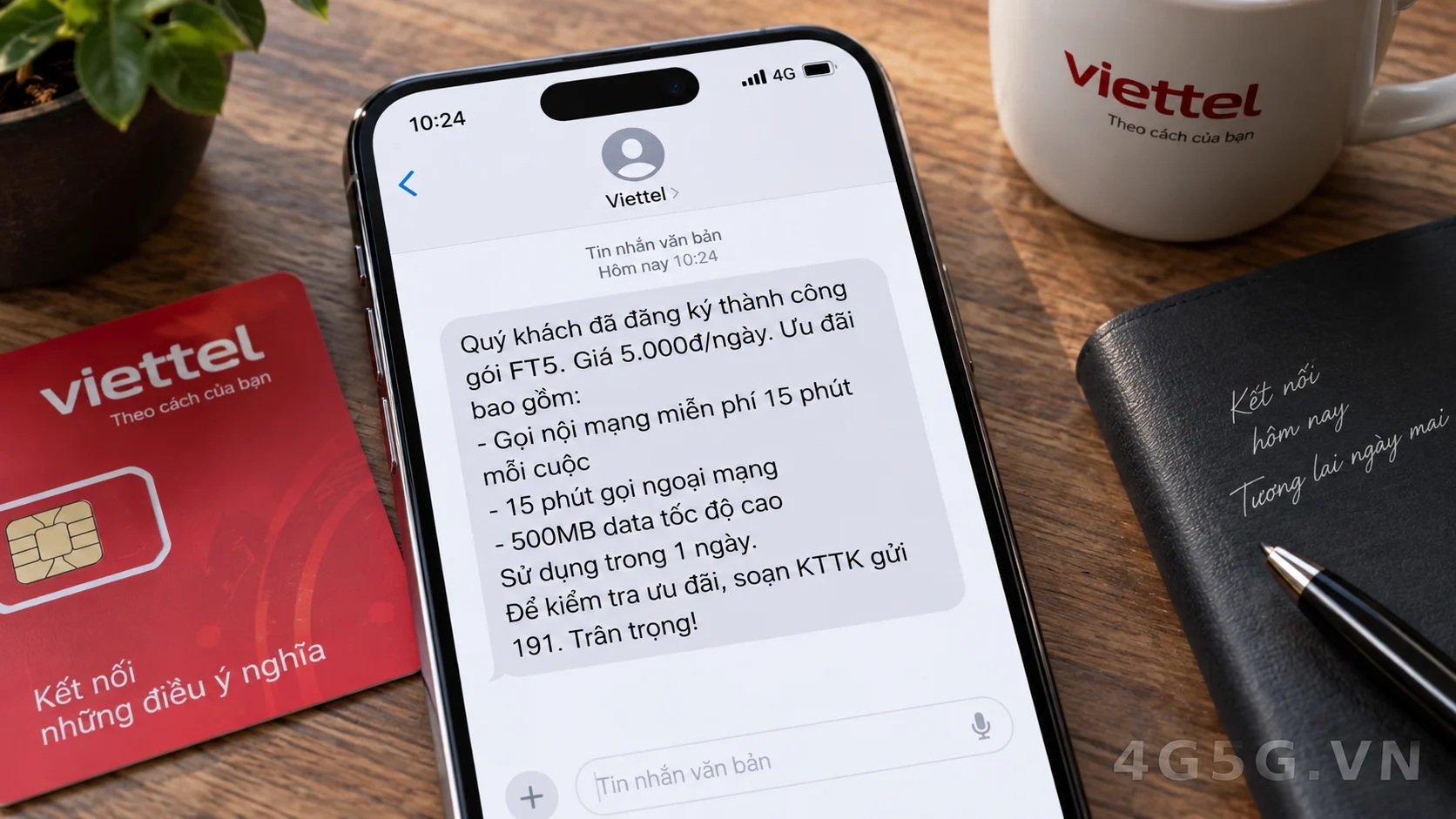 Tin nhắn xác nhận kích hoạt thành công gói cước gọi thoại và data FT5 Viettel