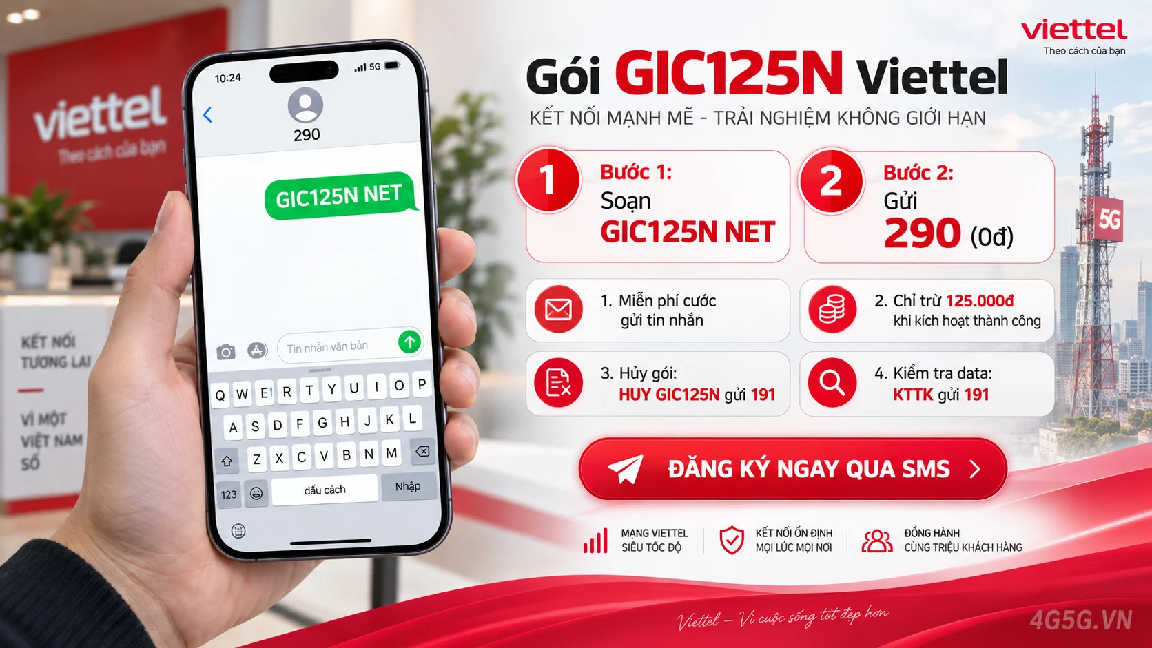Cách đăng ký gói cước GIC125N Viettel soạn tin nhắn GIC125N NET gửi 290