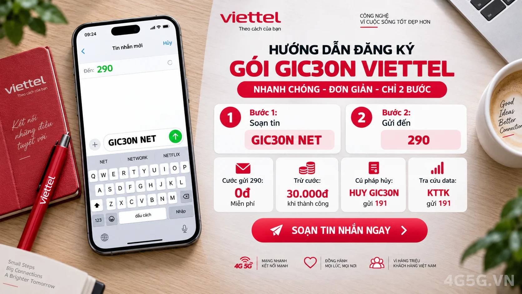 Cách đăng ký gói cước GIC30N Viettel soạn tin nhắn GIC30N NET gửi 290