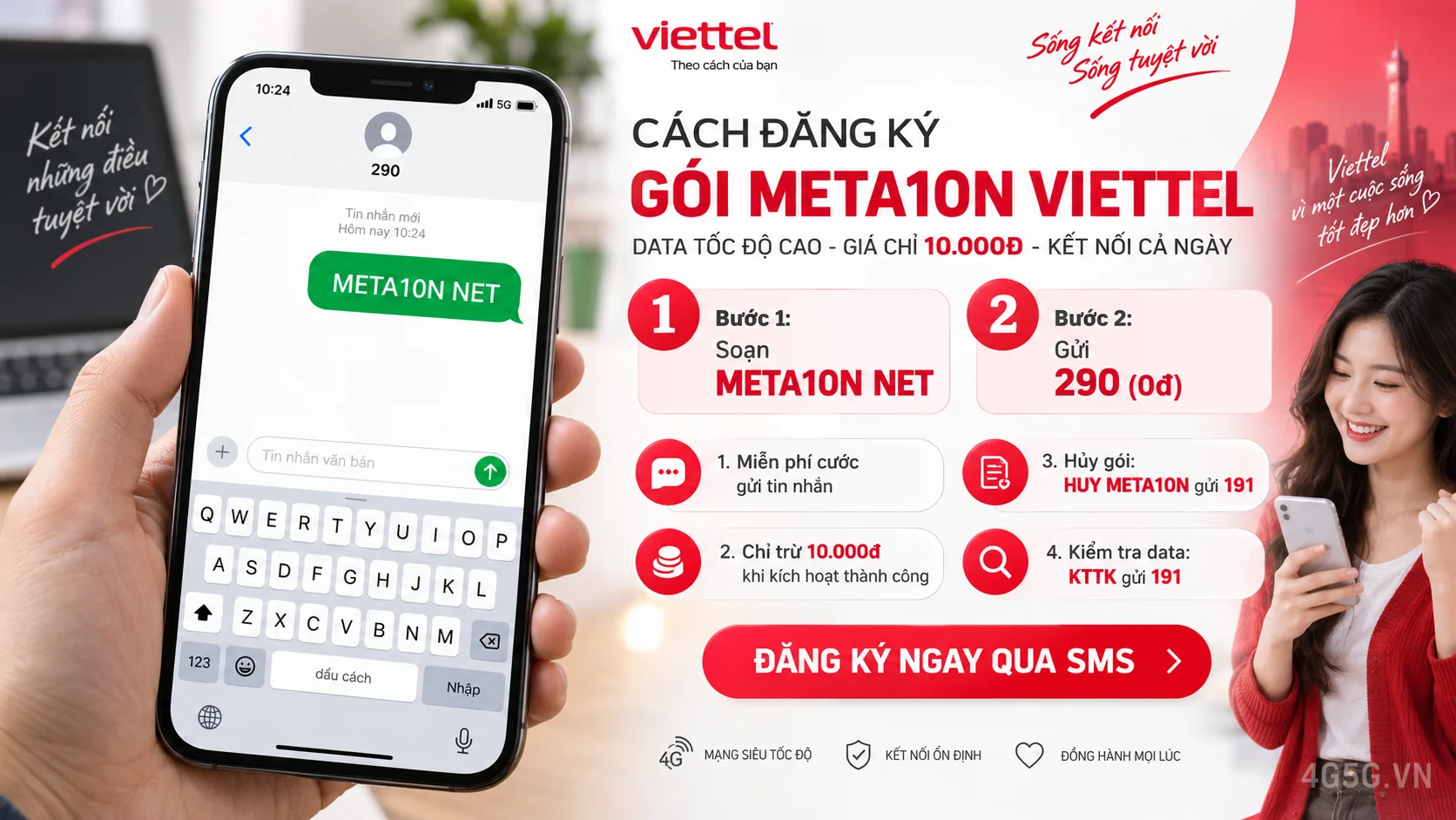 Cách đăng ký gói cước META10N Viettel soạn tin nhắn META10N NET gửi 290