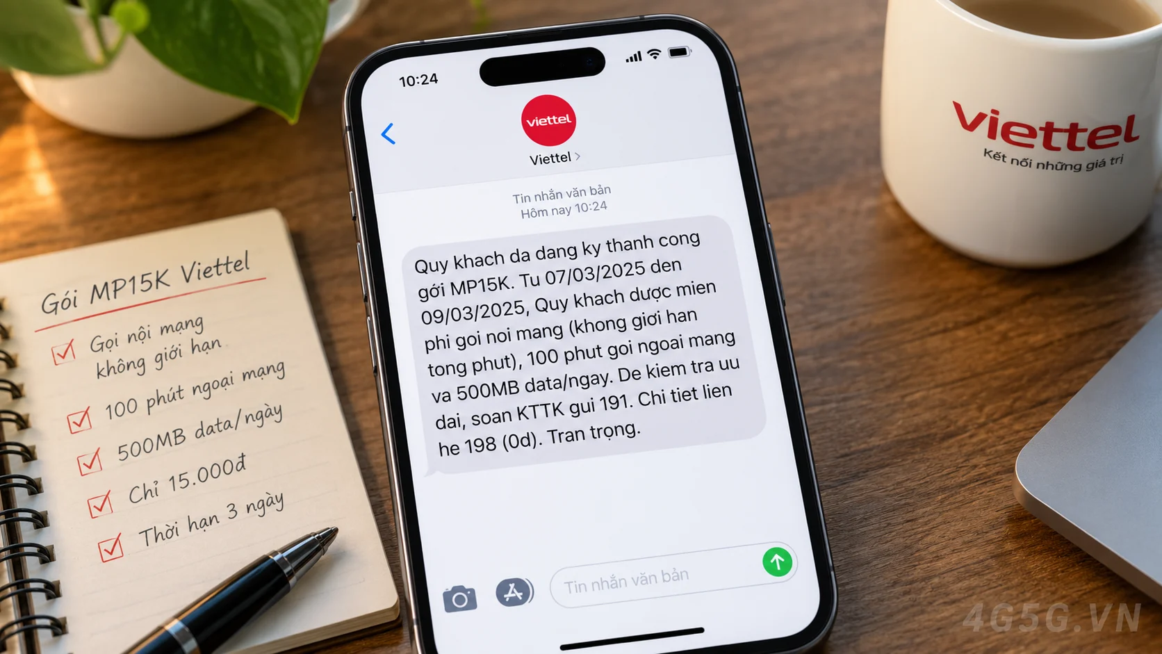 Tin nhắn xác nhận kích hoạt thành công gói cước gọi thoại và data MP15K Viettel