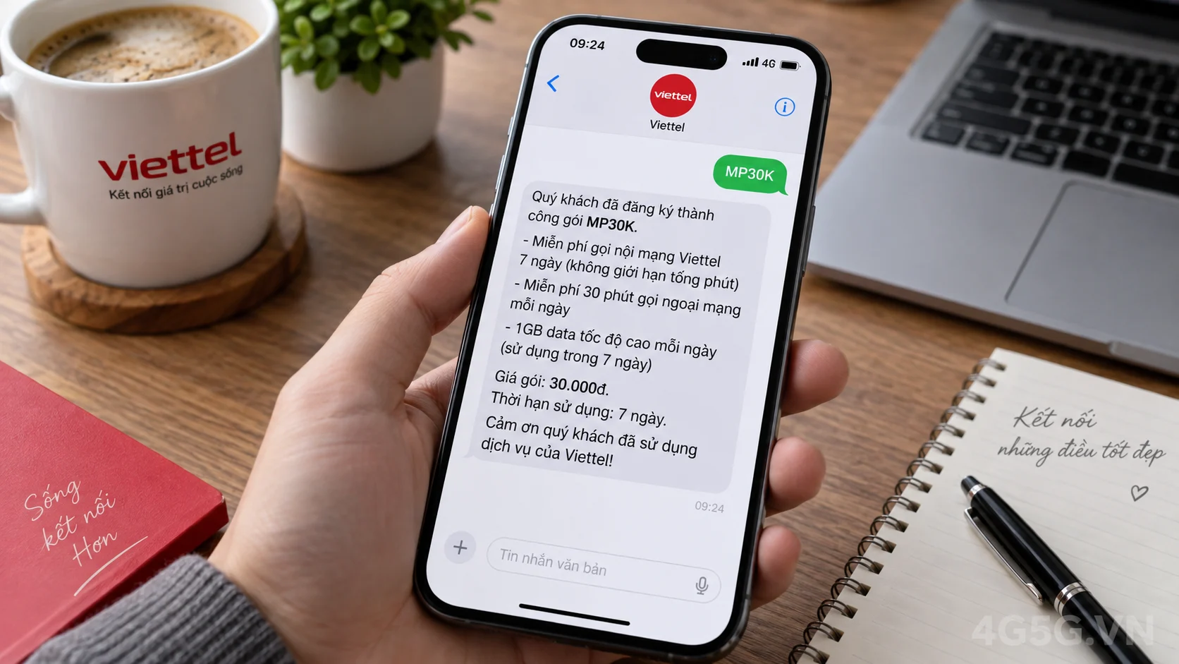 Tin nhắn xác nhận kích hoạt thành công gói cước gọi thoại và data MP30K Viettel