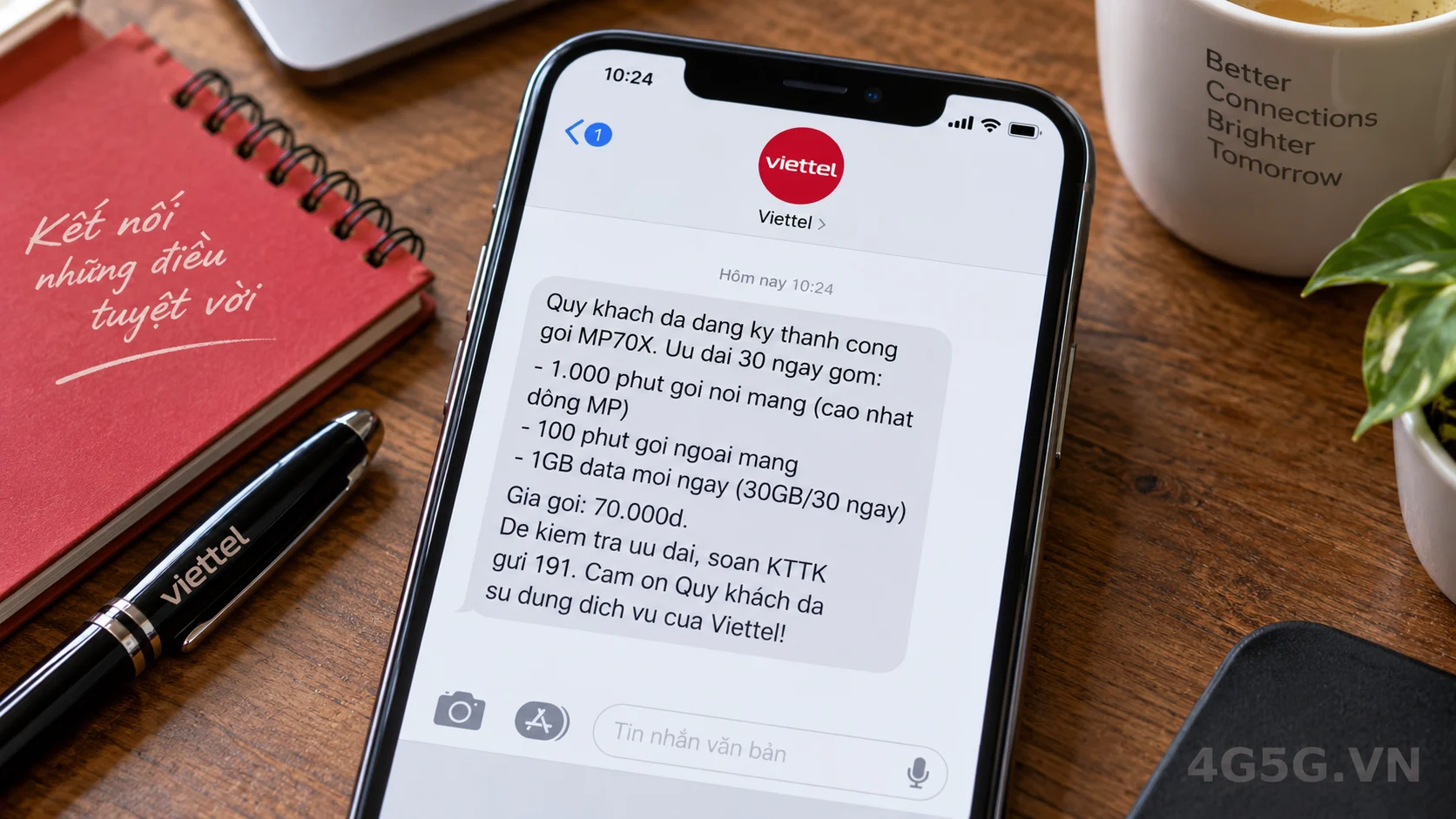 Tin nhắn xác nhận kích hoạt thành công gói cước gọi thoại và data MP70X Viettel