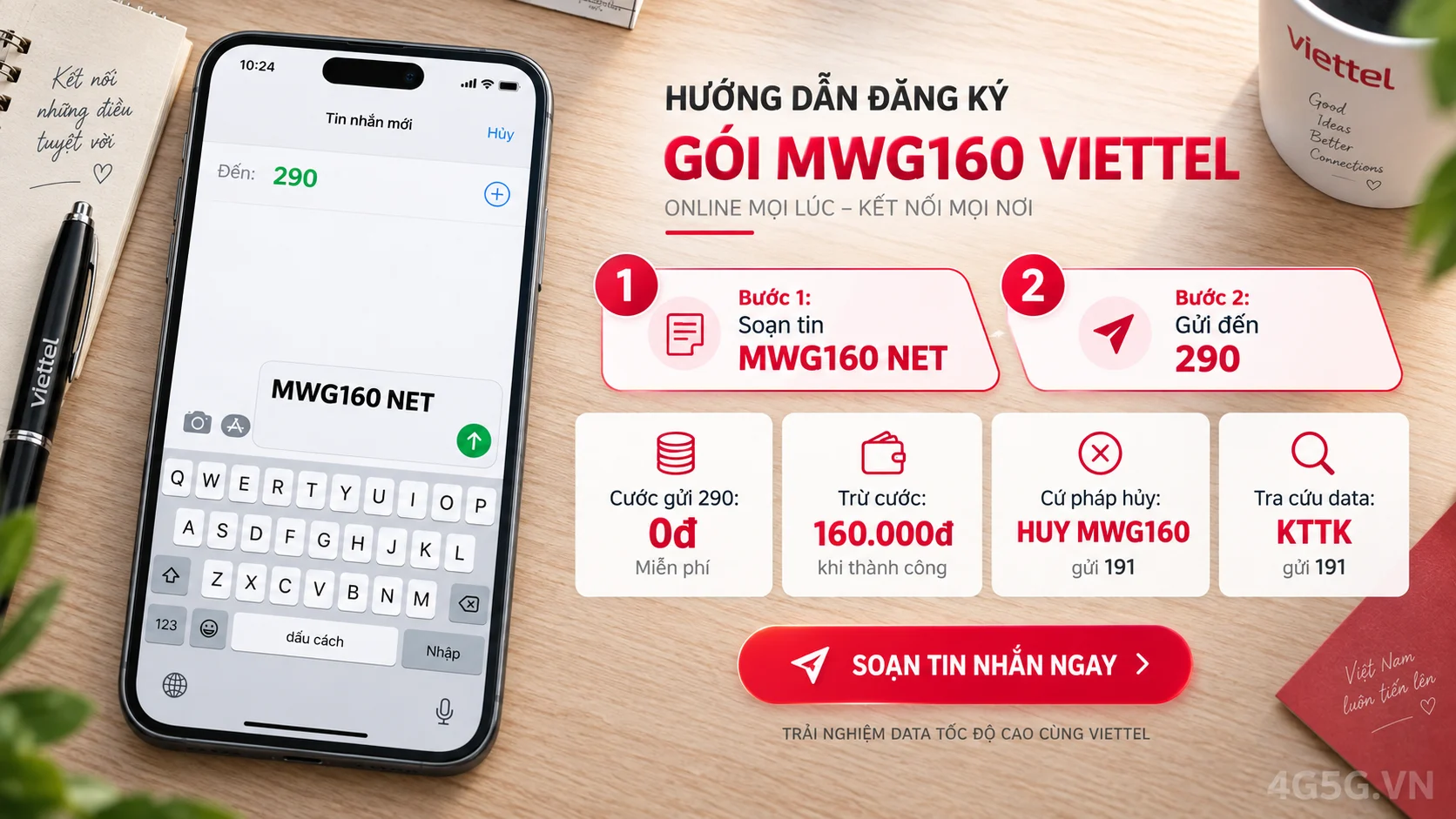 Cách đăng ký gói cước MWG160 Viettel soạn tin nhắn MWG160 NET gửi 290
