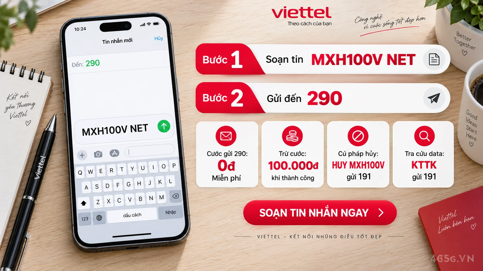 Cách đăng ký gói cước MXH100V Viettel soạn tin nhắn MXH100V NET gửi 290
