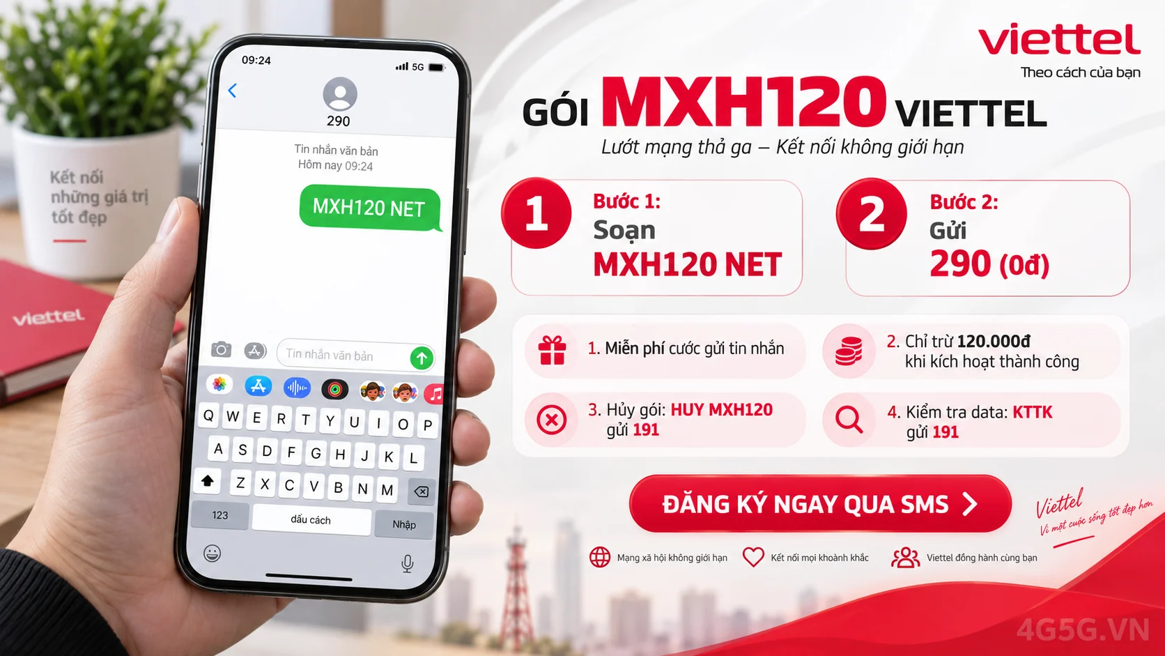 Cách đăng ký gói cước MXH120 Viettel soạn tin nhắn MXH120 NET gửi 290