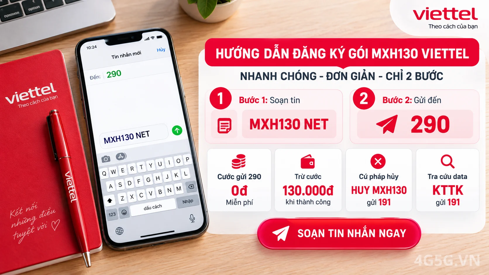 Cách đăng ký gói cước MXH130 Viettel soạn tin nhắn MXH130 NET gửi 290