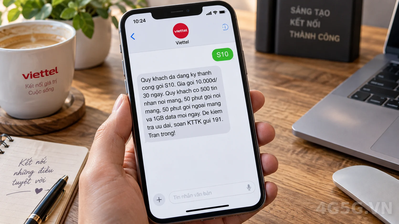 Tin nhắn xác nhận kích hoạt thành công gói cước gọi thoại và data S10 Viettel