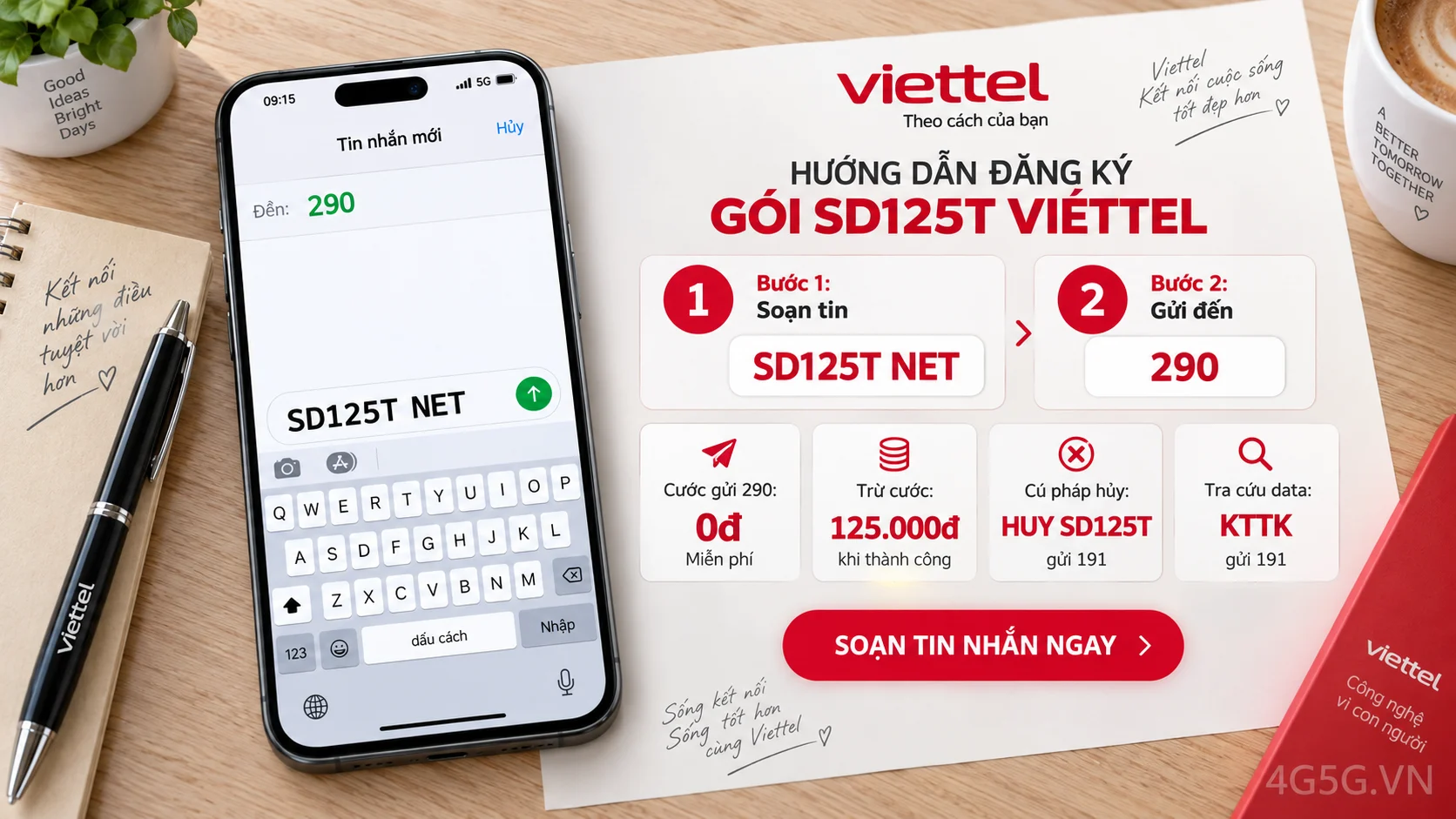 Cách đăng ký gói cước SD125T Viettel soạn tin nhắn SD125T NET gửi 290