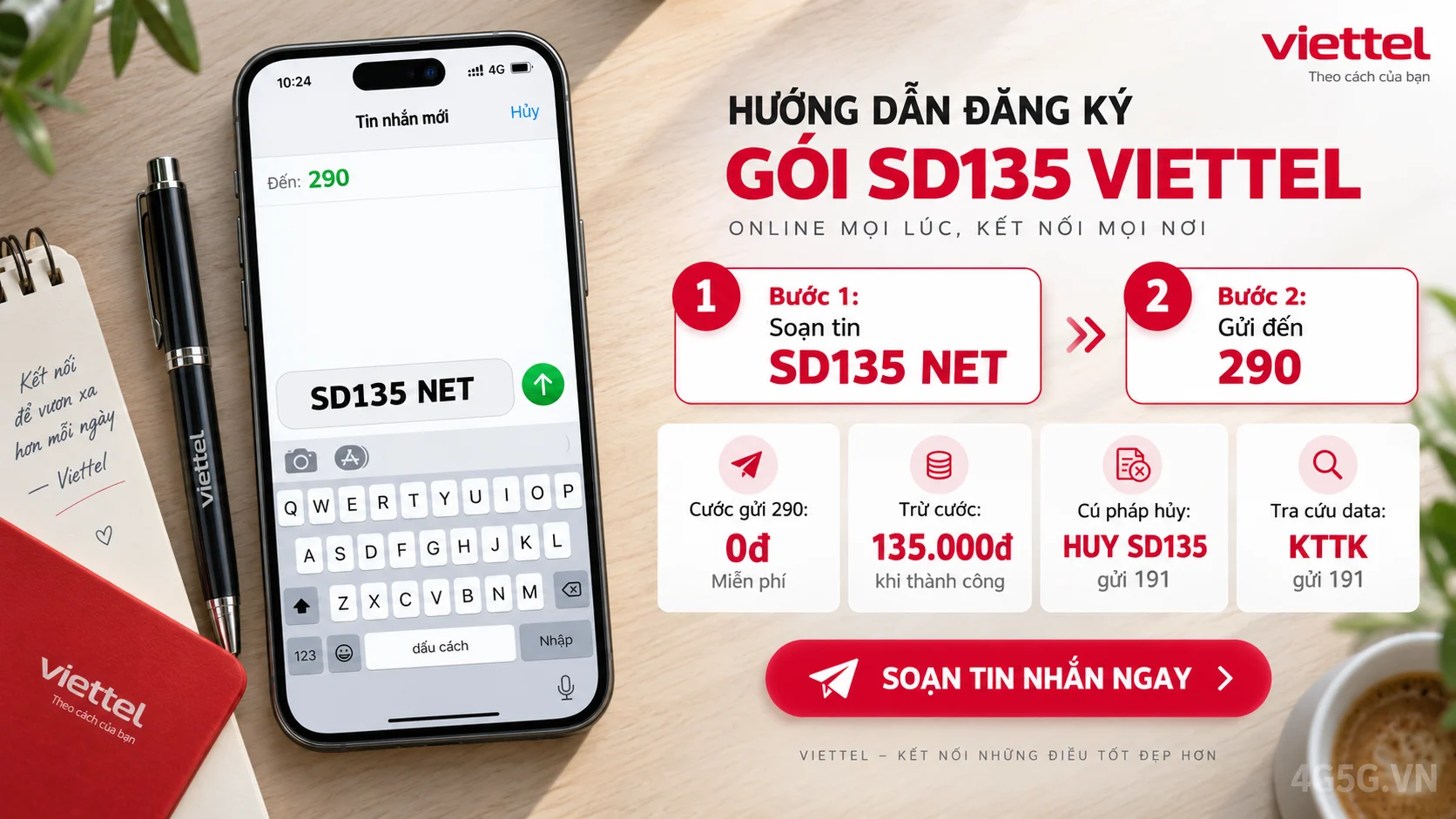 Cách đăng ký gói cước SD135 Viettel soạn tin nhắn SD135 NET gửi 290