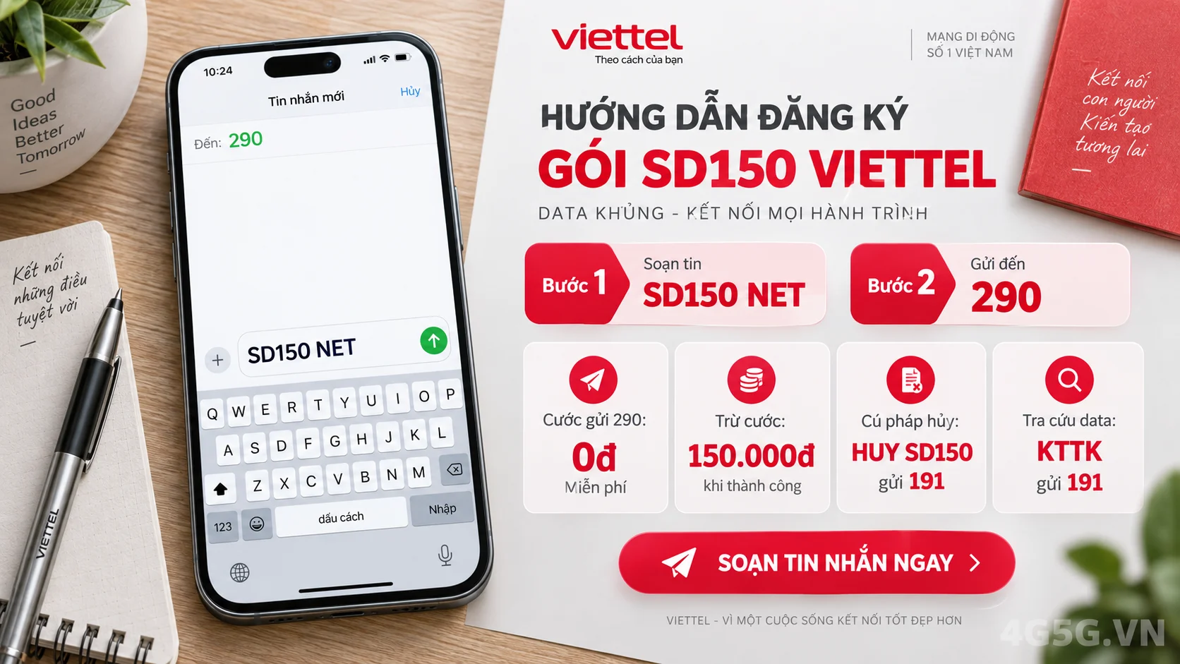 Cách đăng ký gói cước SD150 Viettel soạn tin nhắn SD150 NET gửi 290