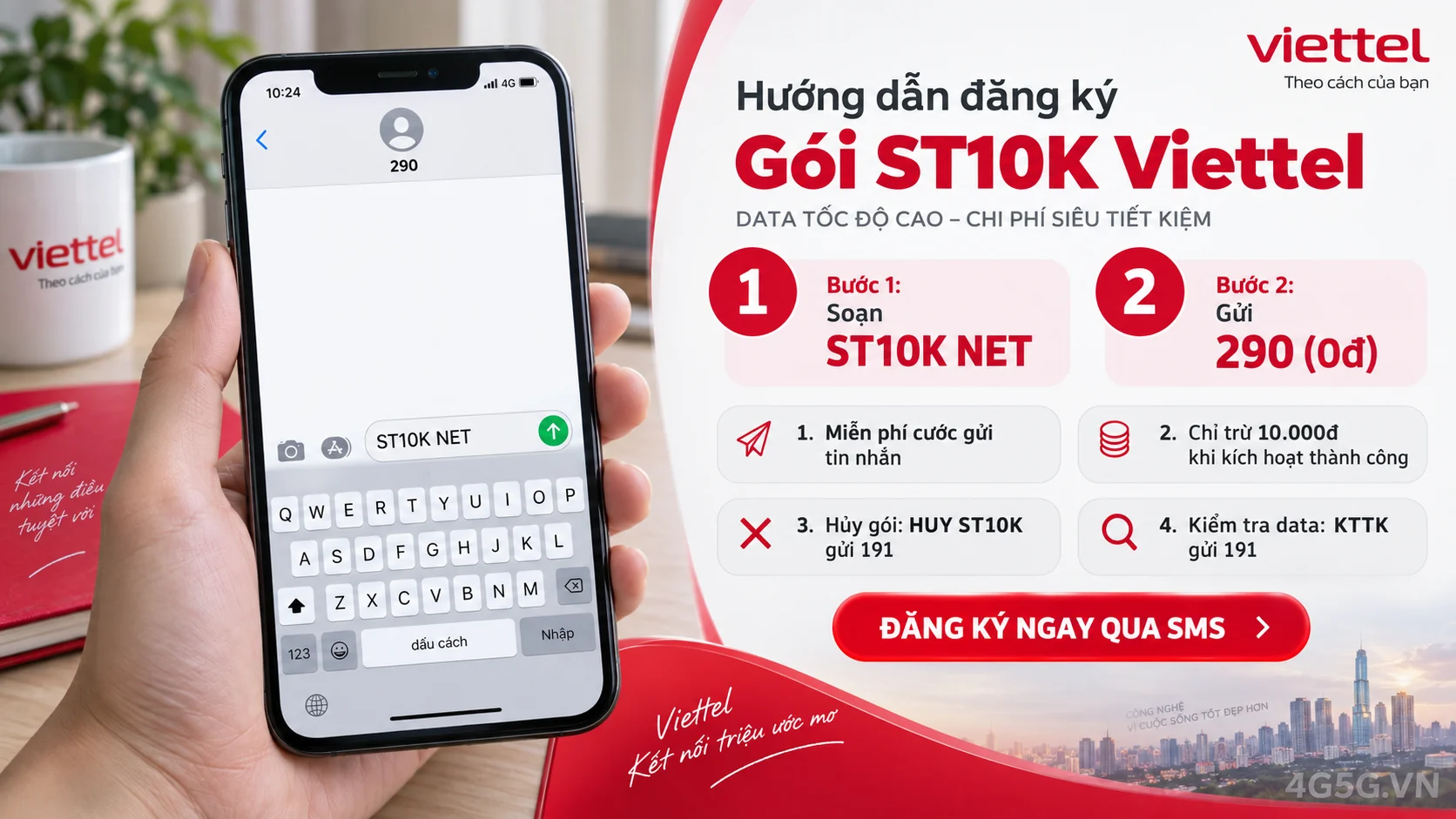 Cách đăng ký gói cước ST10K Viettel soạn tin nhắn ST10K NET gửi 290