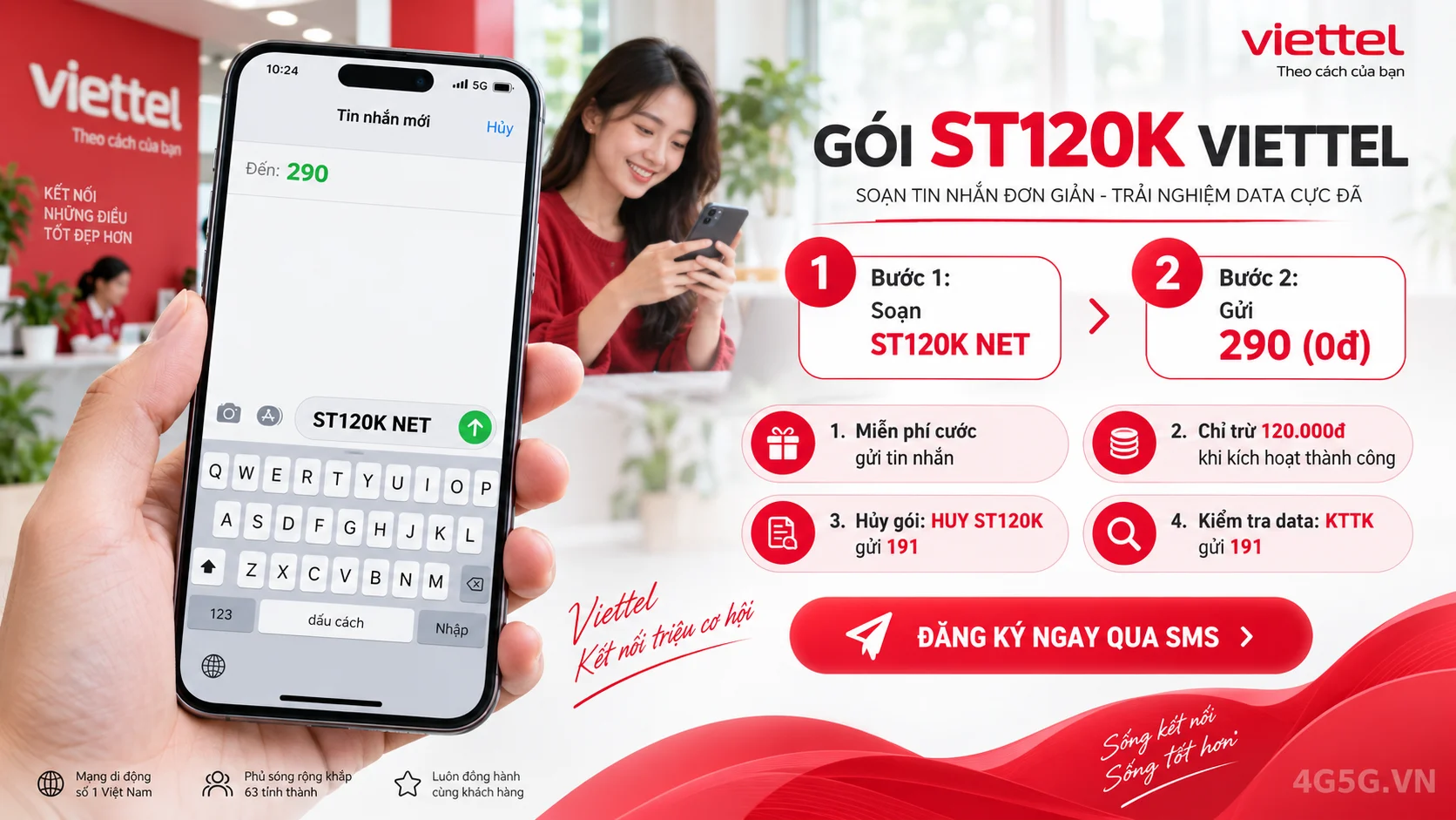 Cách đăng ký gói cước ST120K Viettel soạn tin nhắn ST120K NET gửi 290