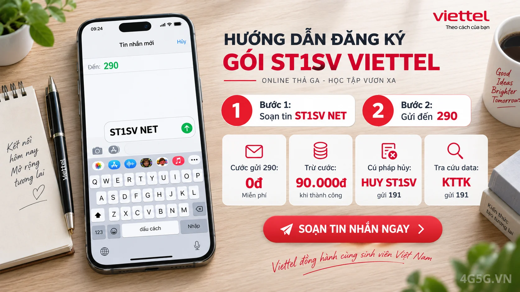 Cách đăng ký gói cước ST1SV Viettel soạn tin nhắn ST1SV NET gửi 290