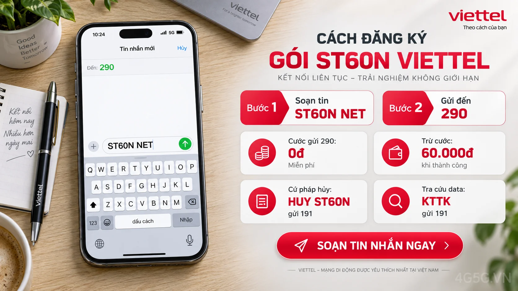 Cách đăng ký gói cước ST60N Viettel soạn tin nhắn ST60N NET gửi 290