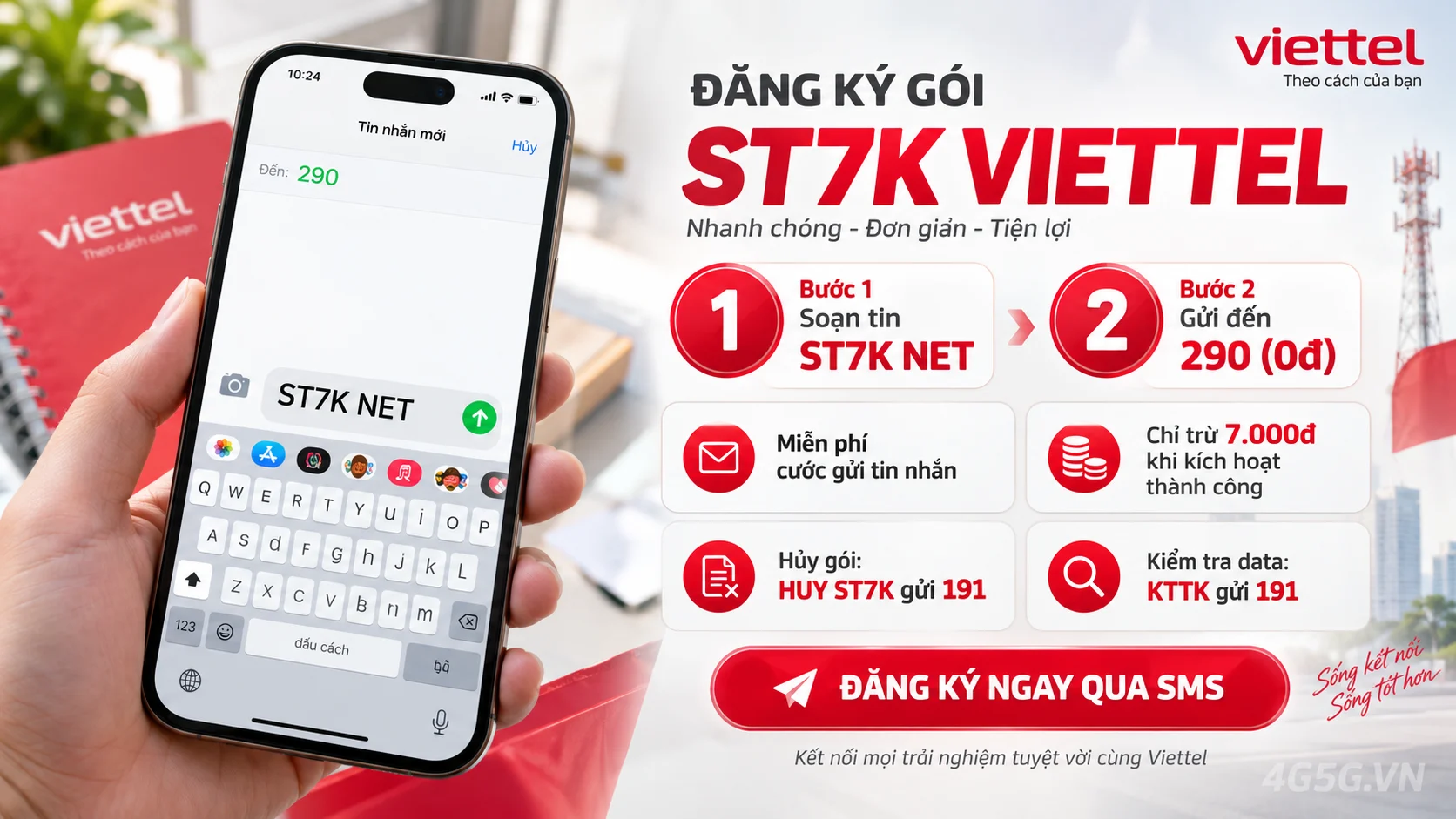 Cách đăng ký gói cước ST7K Viettel soạn tin nhắn ST7K NET gửi 290