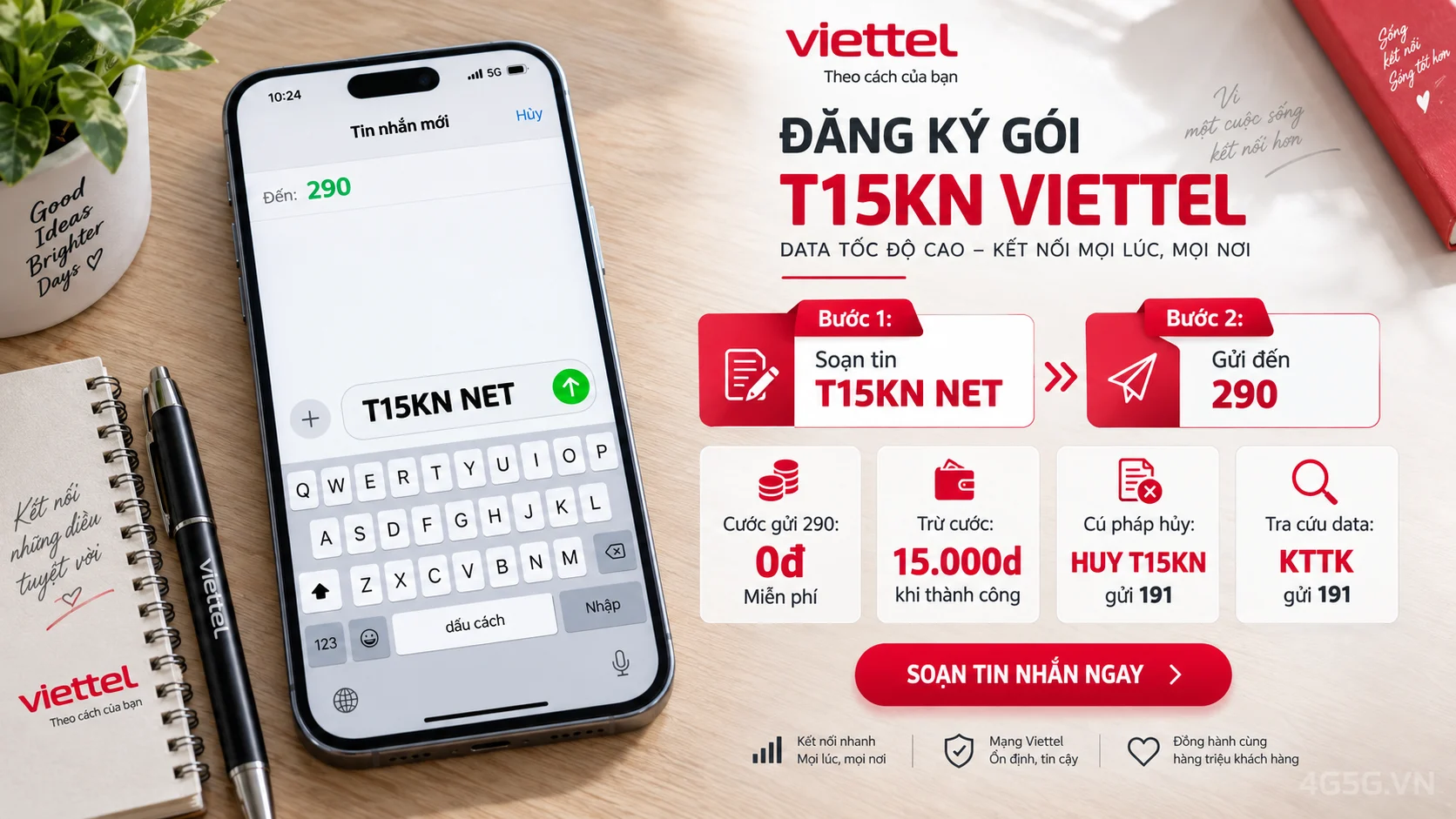 Cách đăng ký gói cước T15KN Viettel soạn tin nhắn T15KN NET gửi 290
